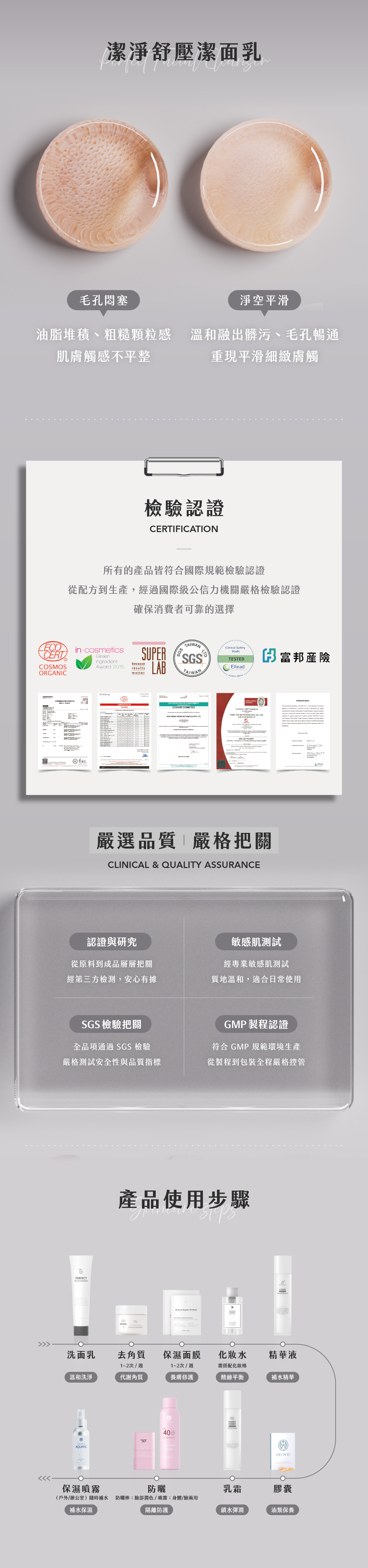 潔淨舒壓洗面乳使用前後對比與 SGS 檢驗、敏感肌測試說明