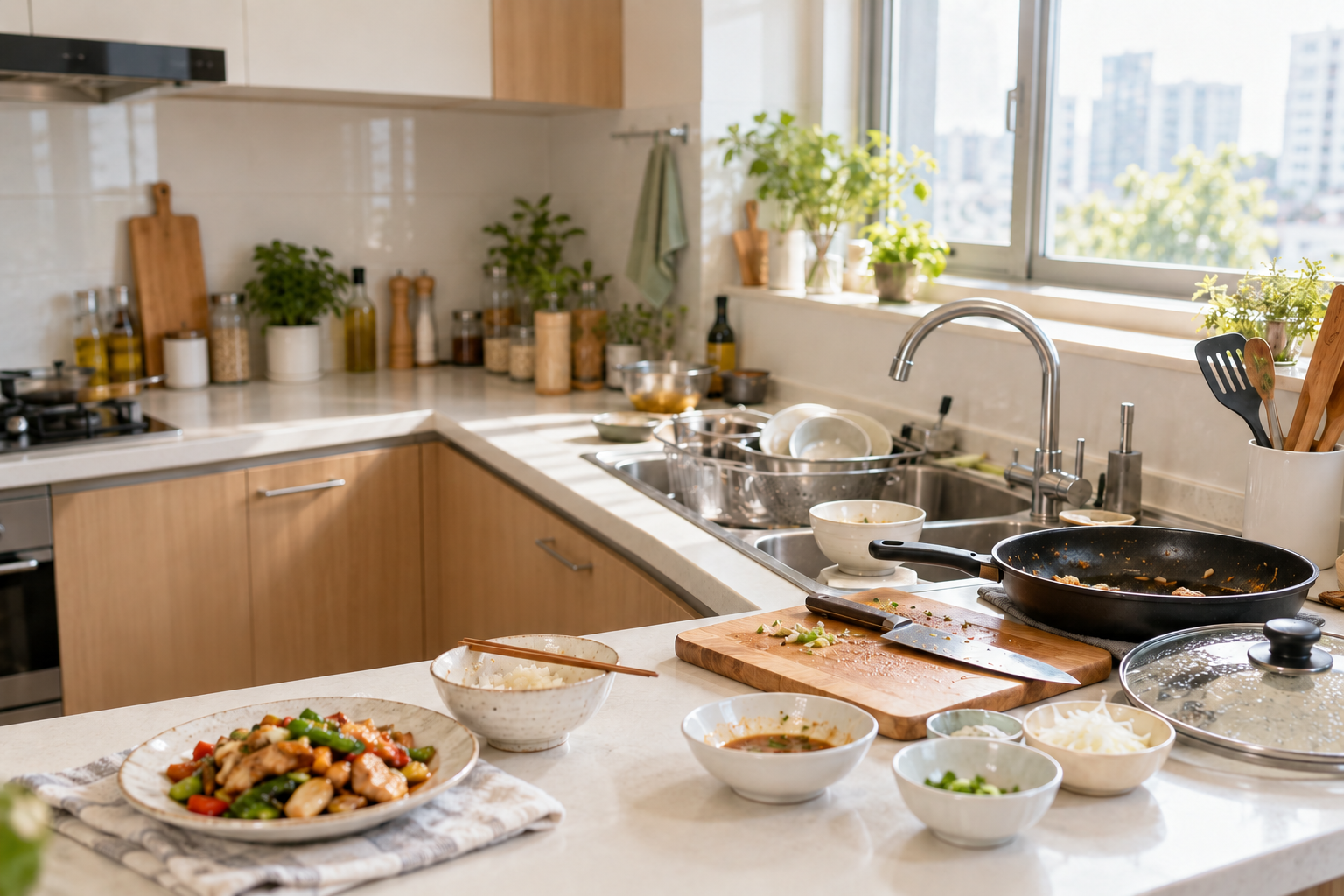 煮完一餐後留下多個備料碗、鍋具與餐具,呈現料理完成後的洗碗負擔。