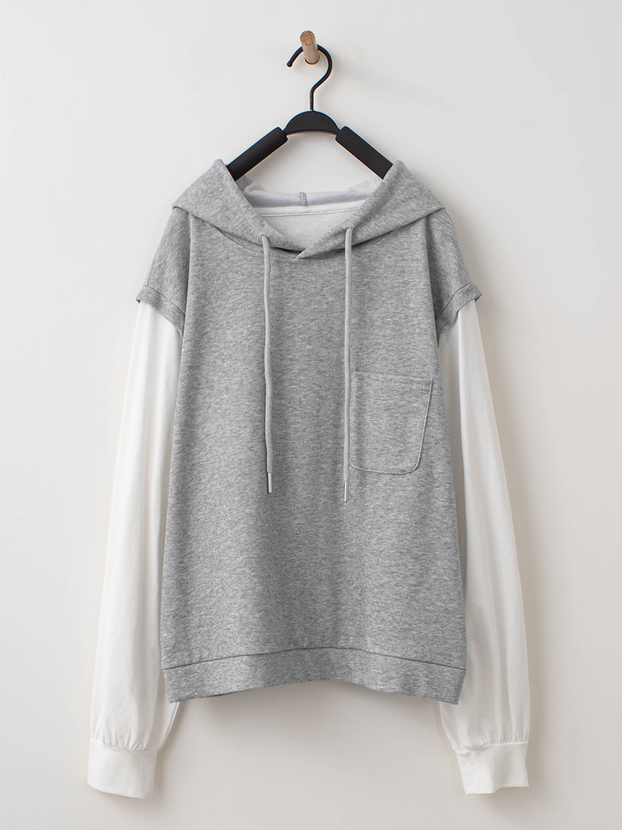 日系慵懶假兩件異材質連帽衛衣
