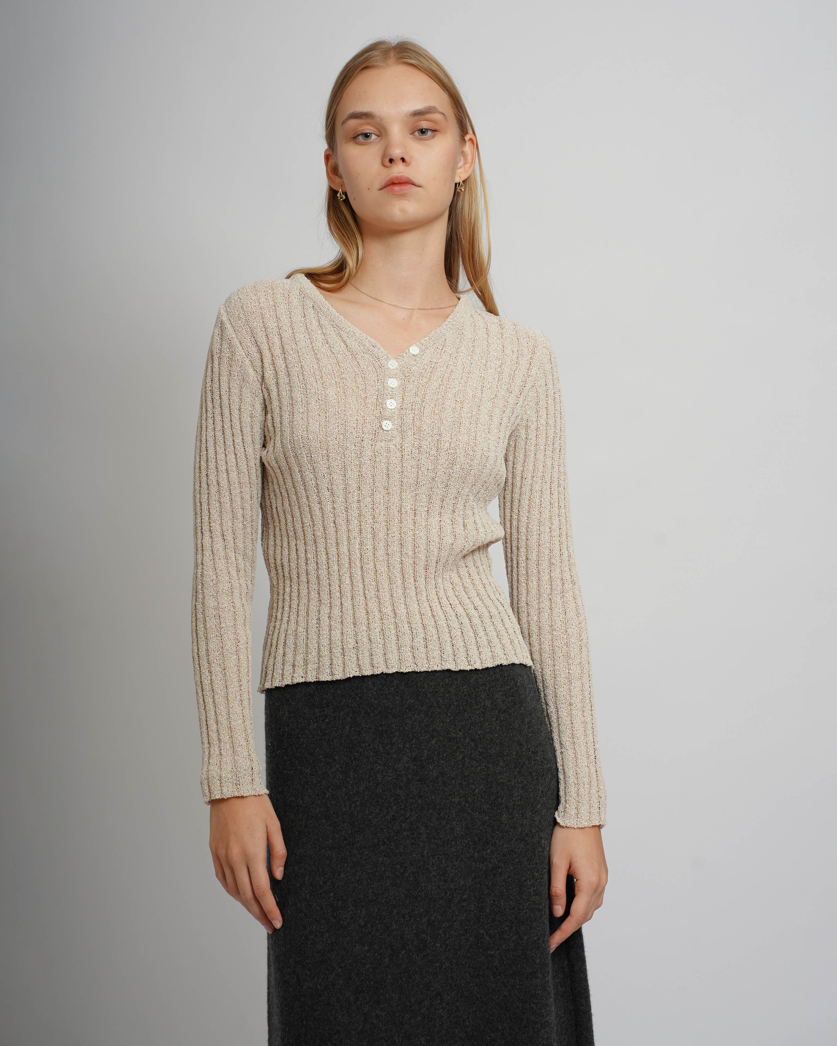 Henley Neck Ribbed Knit Top