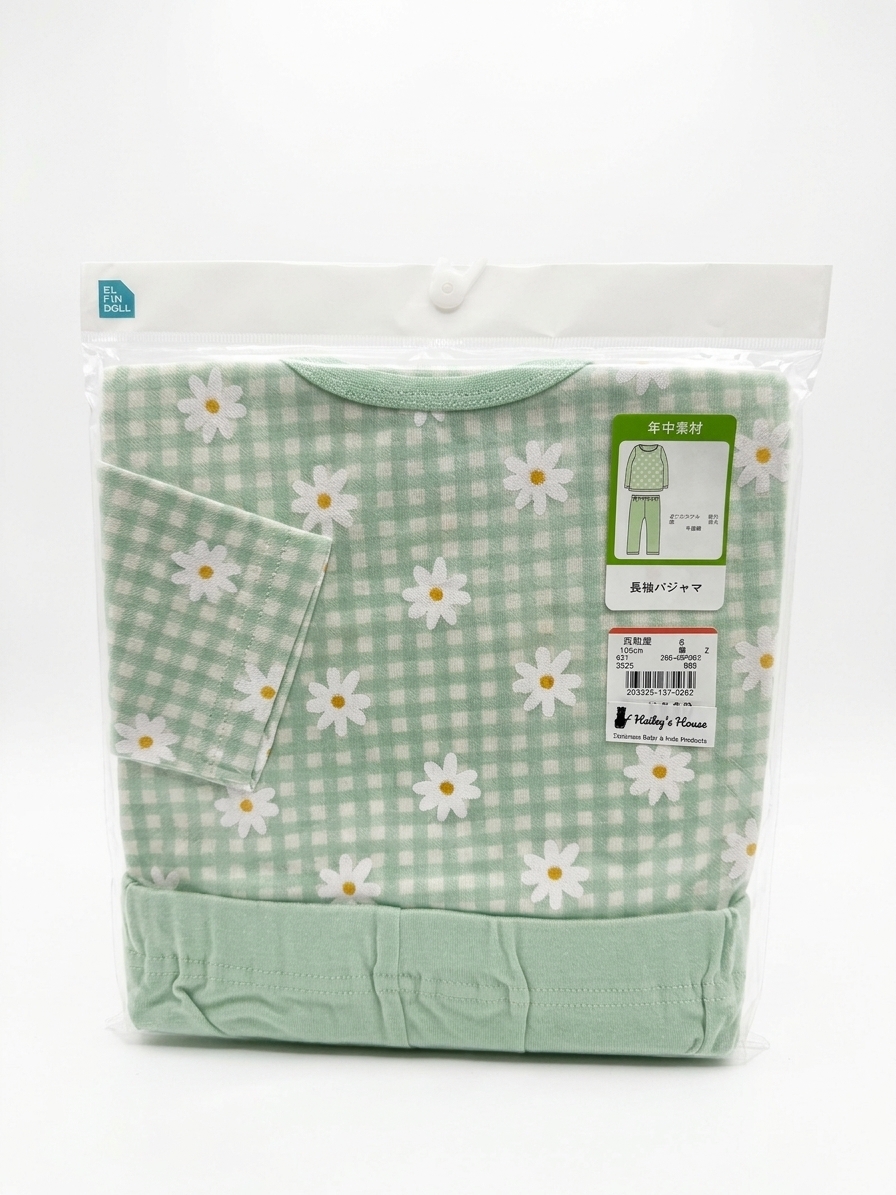 【Nishimatsuya】Fresh Green Gingham Daisy Kids Long-Sleeve Pajamas Set