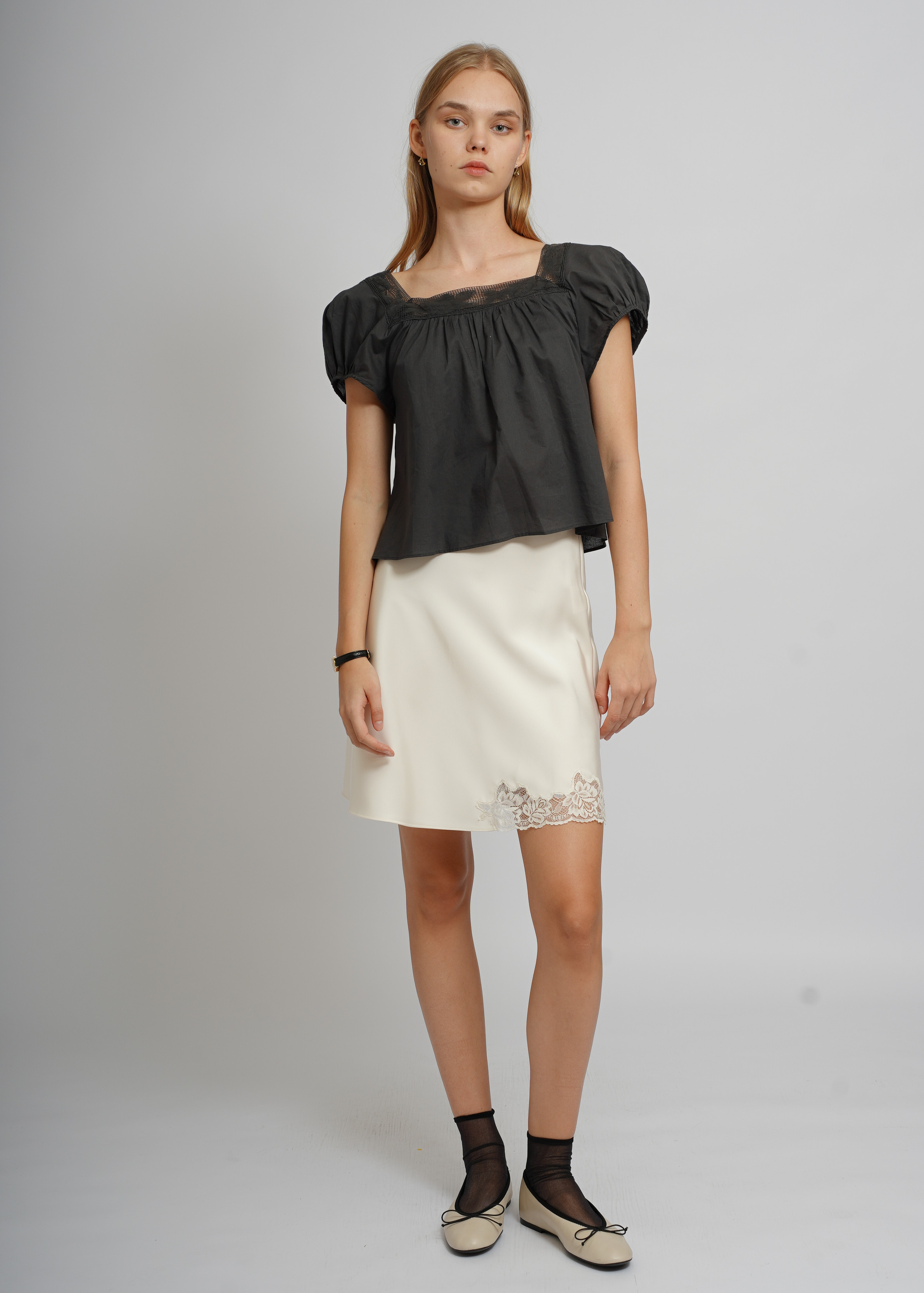 Lace Satin Skirt - White