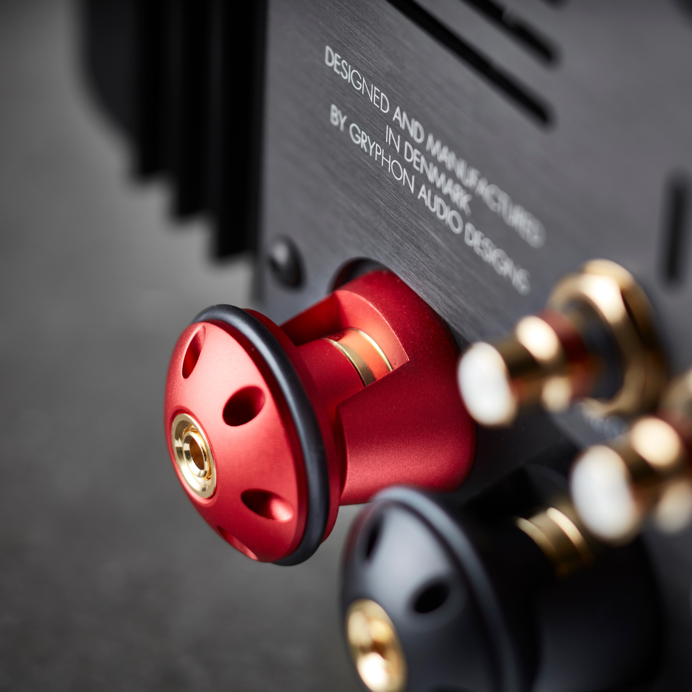 Gryphon Diablo 333 背板近鏡，刻有 Designed and manufactured in Denmark by Gryphon Audio Designs 字樣及紅色喇叭端子
