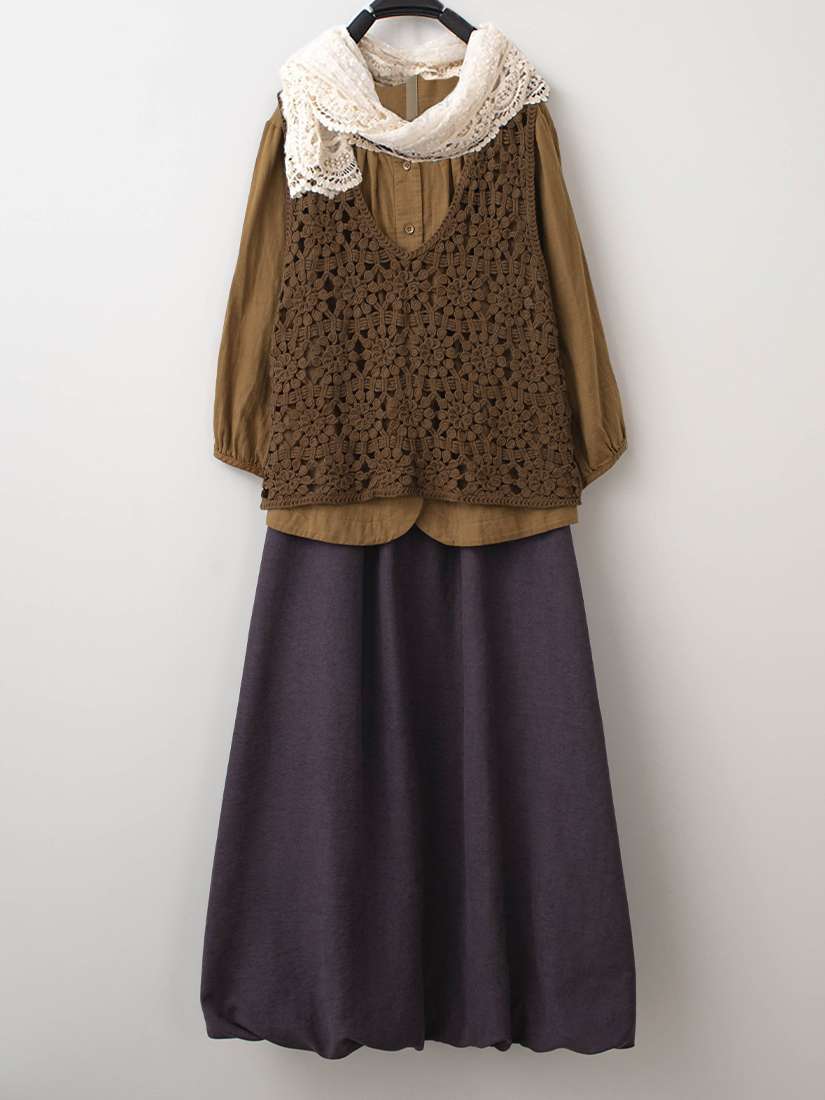 勾花背心棉紗壓褶上衣桃面絨花苞裙組合