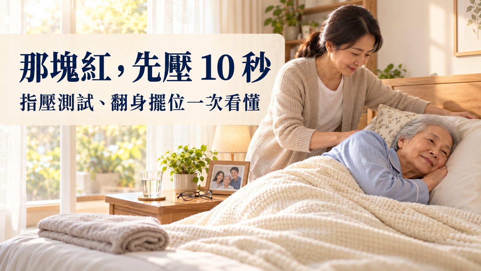 照顧者幫臥床長輩側躺調整枕頭,預防壓瘡