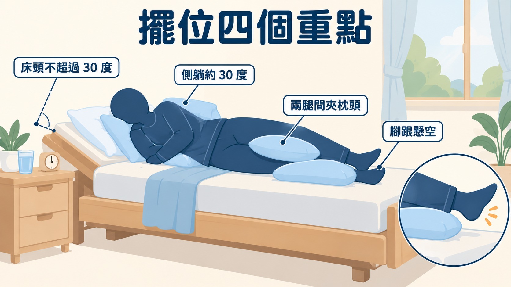 擺位四個重點:側躺約30度、床頭不超過30度、兩腿間夾枕頭、腳跟懸空