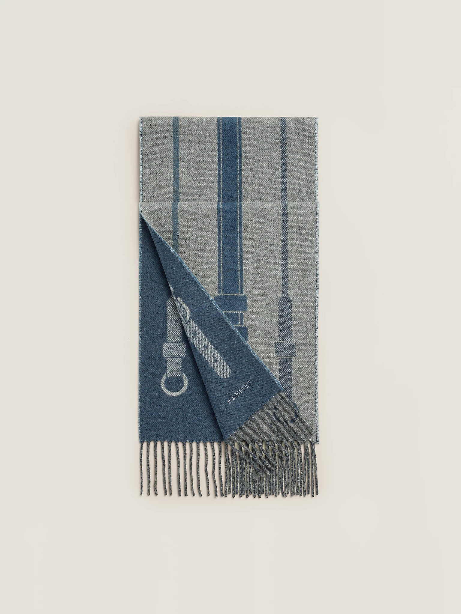HERMES SANGLES EQUESTRES MUFFLER Céruléen / Gris Chiné / Gris Clair
