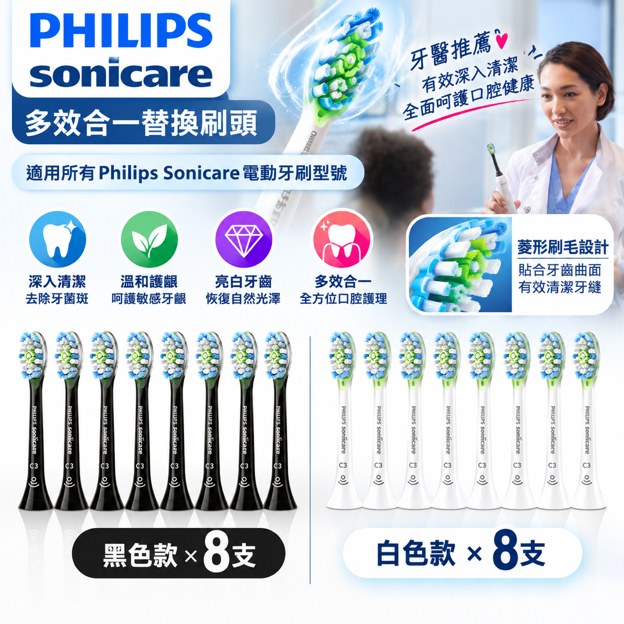 【預購】Philips Sonicare LX102181 多效合一電動牙刷替換刷頭（8支裝）