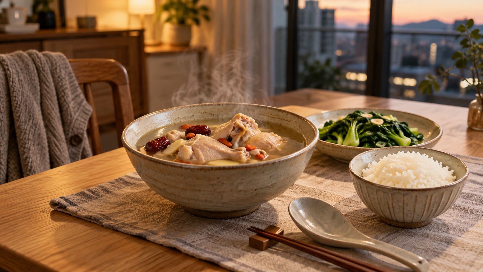 一個人的立冬晚餐示意圖,熱湯搭配白飯與燙青菜,窗外是黃昏城市
