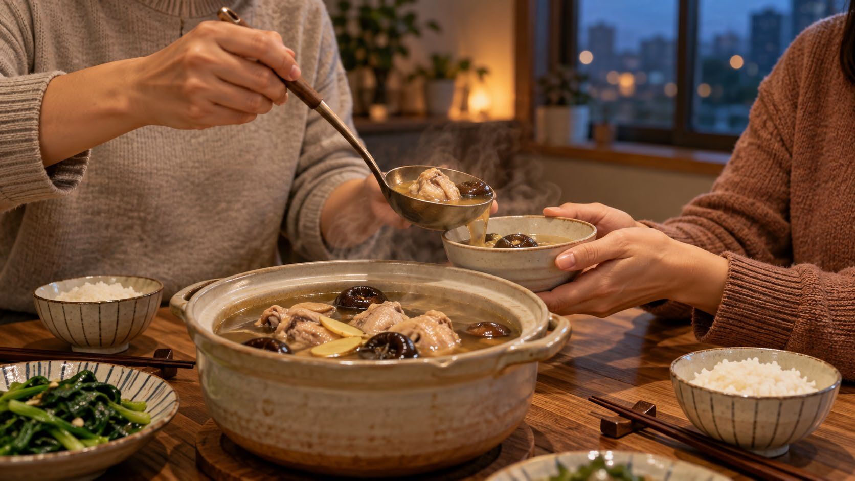 立冬家人圍桌共食示意圖,用湯勺舀起砂鍋裡的雞湯,配白飯與青菜