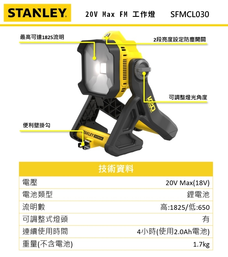 美國 史丹利 20V Max FM 工作燈 空機 SFMCL030B