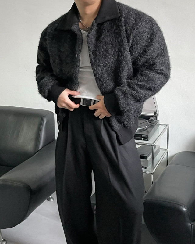 <顯壯>XIN SELECT 韓國 線圈 絨毛 拼接 羅紋 高領 開襟衫 外套 三色