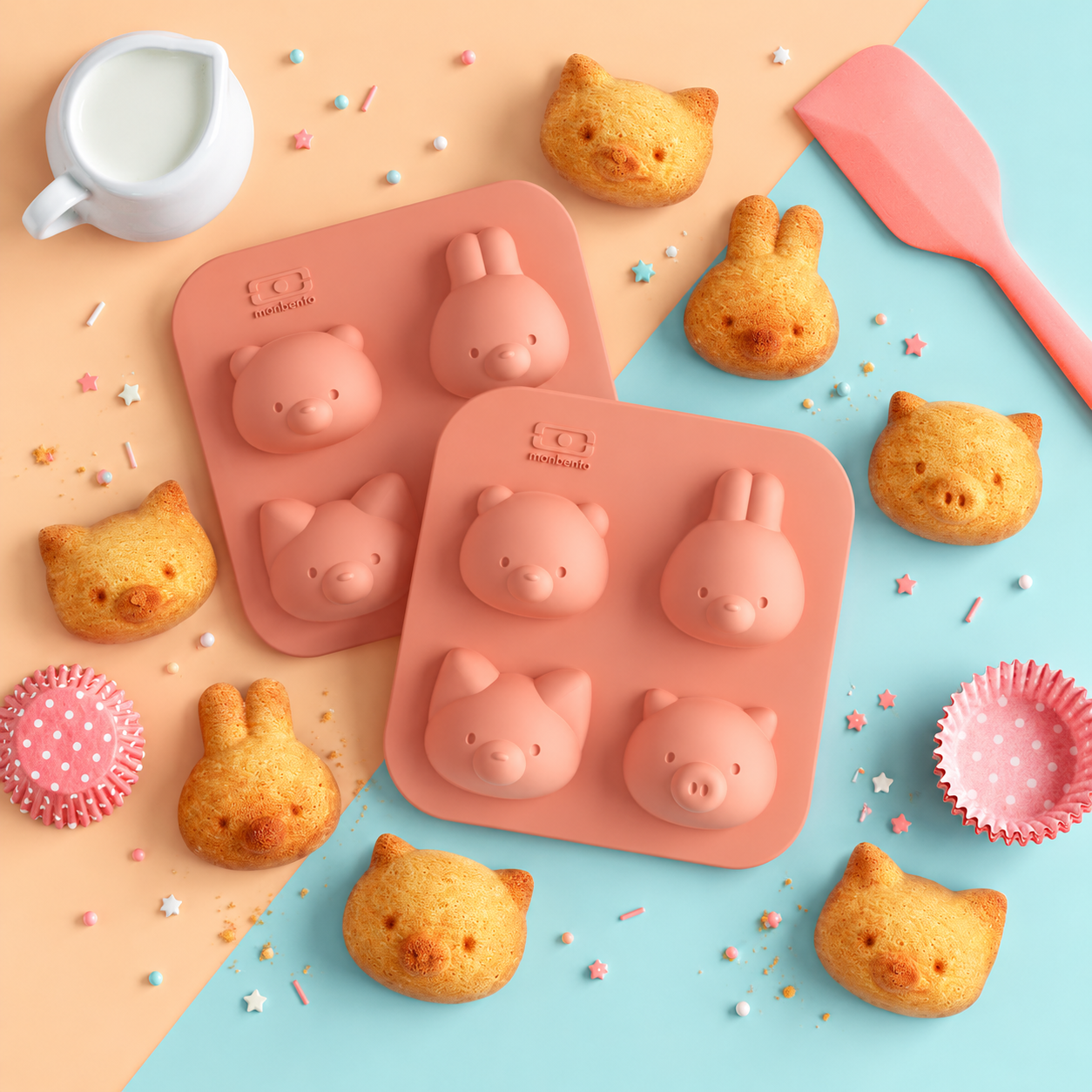 【MONBENTO】MB Silifriends 動物朋友白金矽膠模具｜2塊8格・每格16ml｜兔仔・狐狸・小豬・小熊｜耐熱230°C