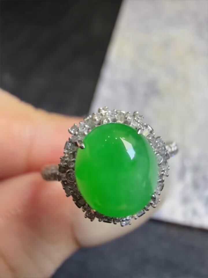 翡翠陽綠蛋面戒指,天然翡翠A玉, 緬甸玉, Jade, Jadeite