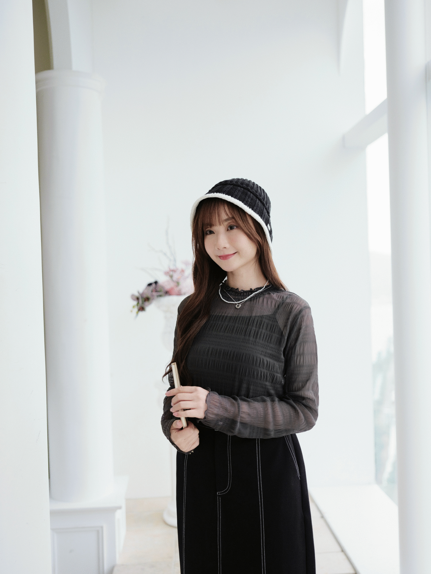 【新色加入🩶】三色 / 透膚磨砂感壓皺長袖上衣 / Sheer Crinkled Mesh Long Sleeve Top