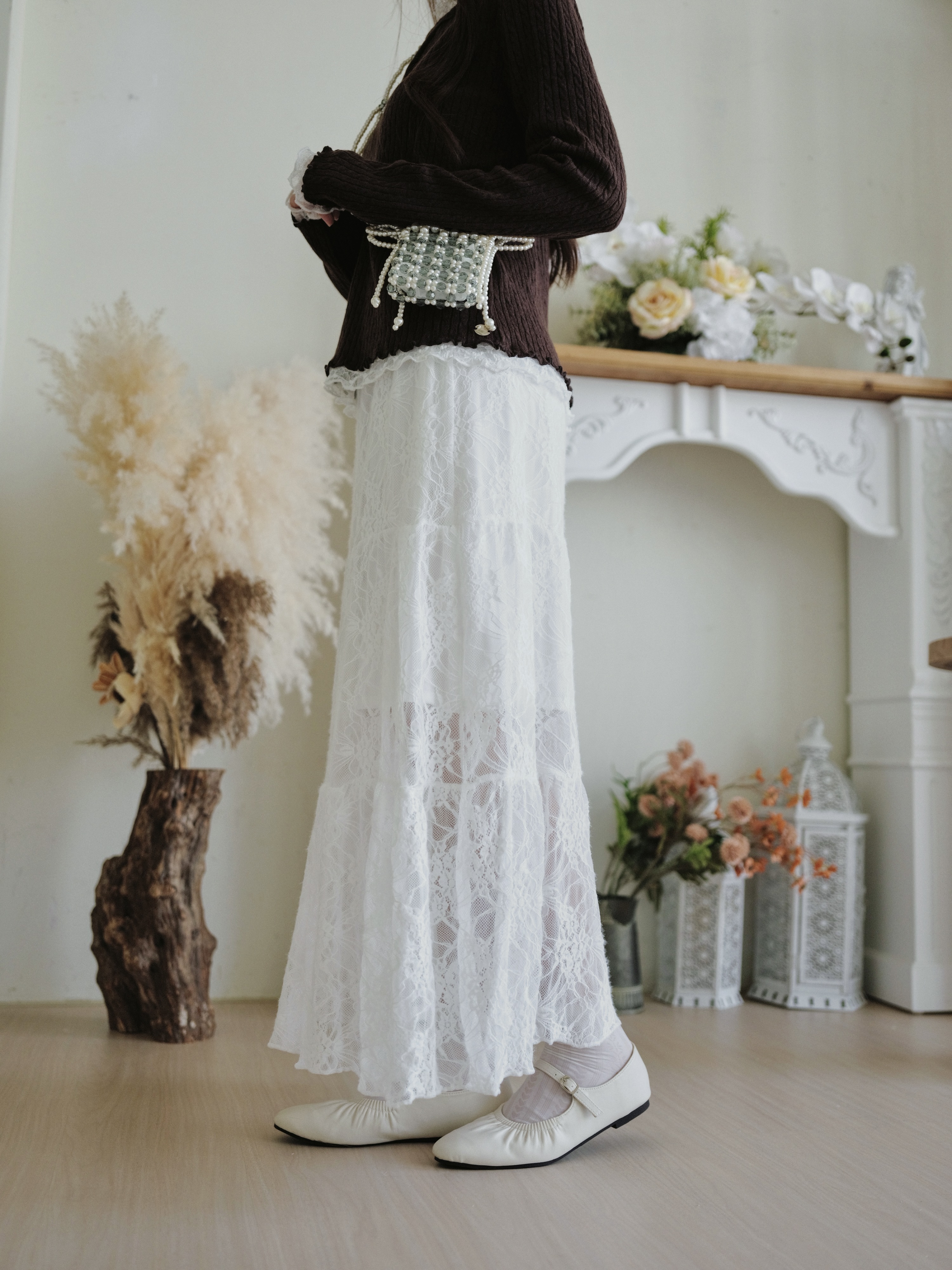 兩色 / 絨毛雕花蕾絲蛋糕半身長裙 / Flocked Floral-Lace Tiered Maxi Skirt