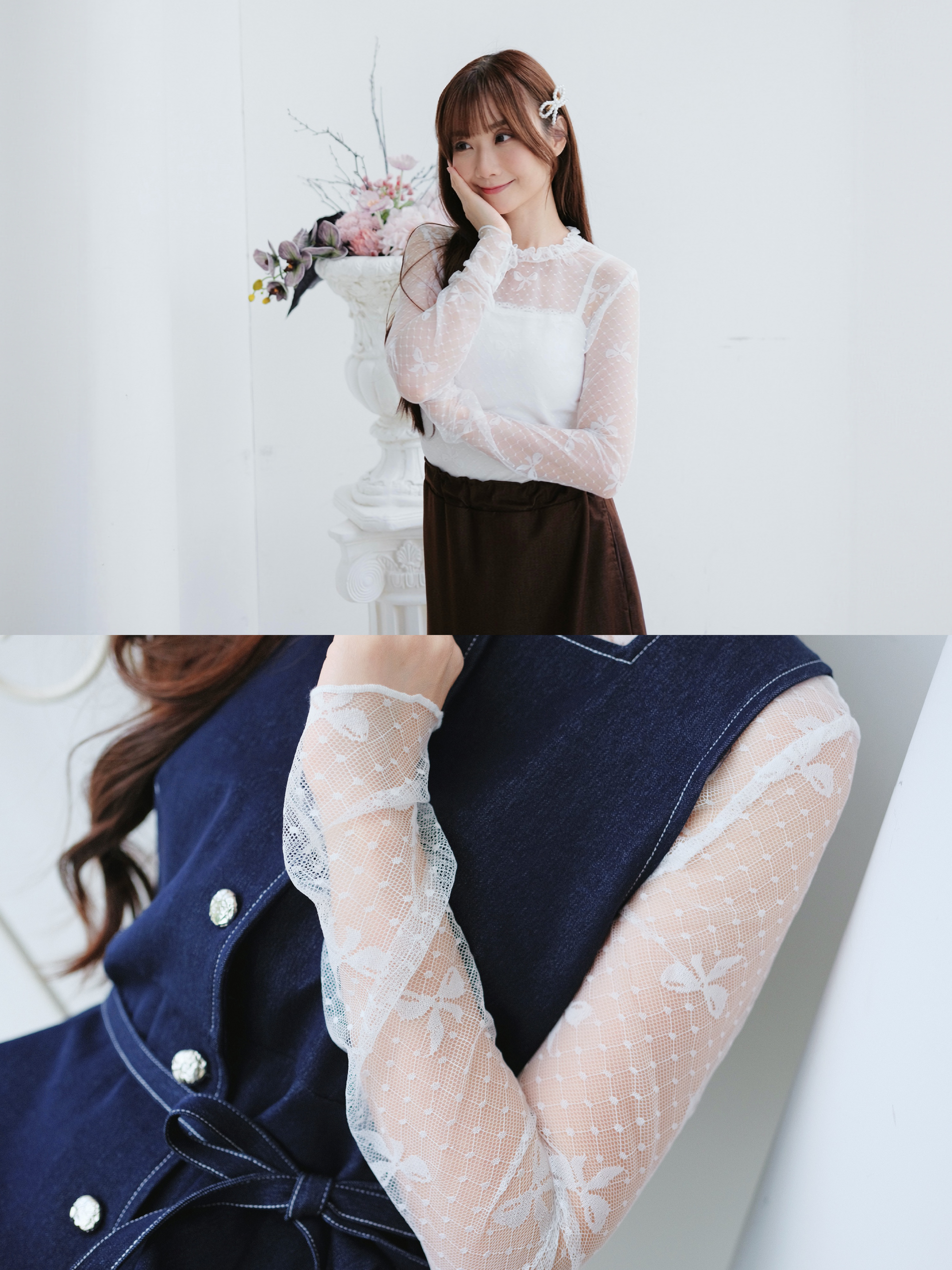 兩色 / 網紗圓點蝴蝶結長袖上衣 / Bow & Dot Mesh Long Sleeve Top