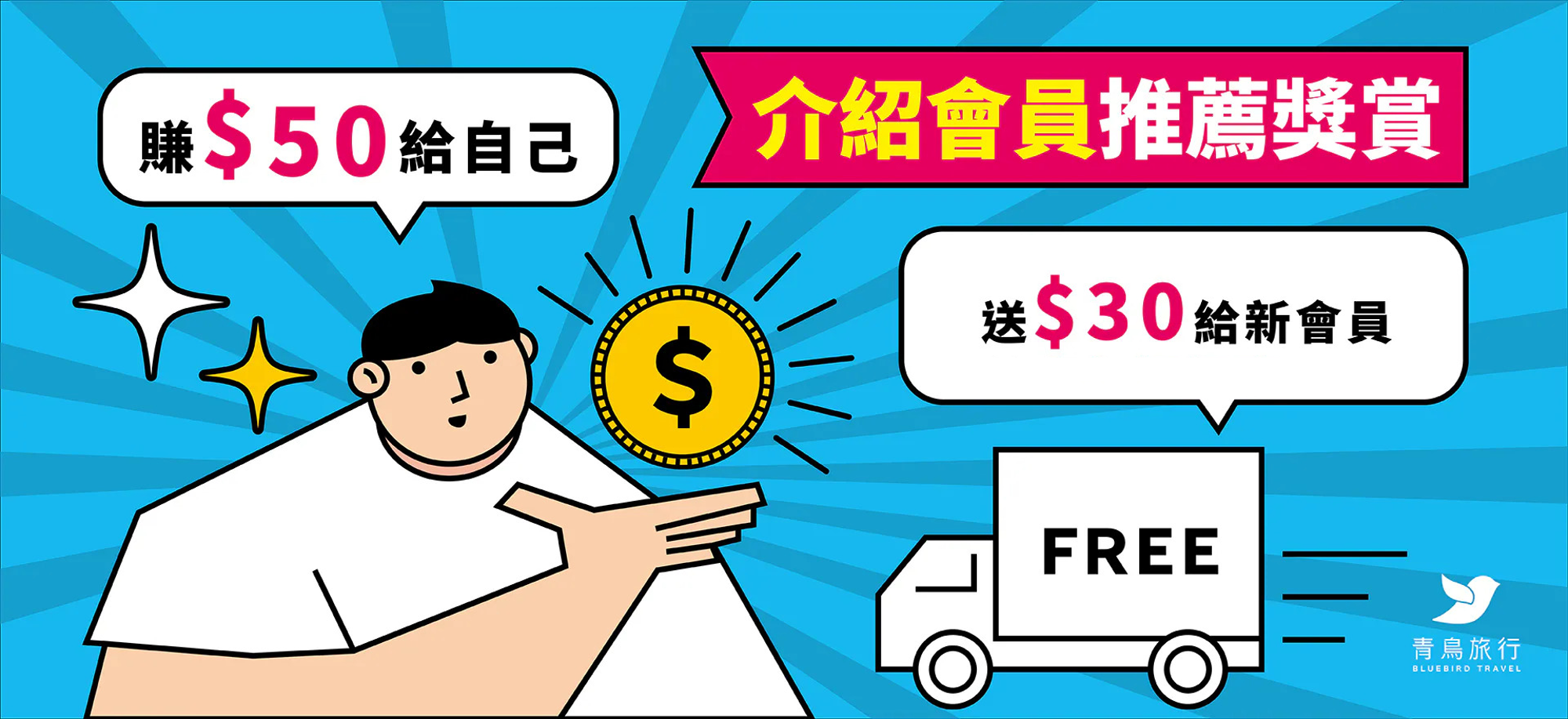 青鳥旅行會員推薦優惠：新會員透過推薦連結註冊可獲HK$30購物金，推薦人於好友首筆訂單完成後可獲HK$50購物金