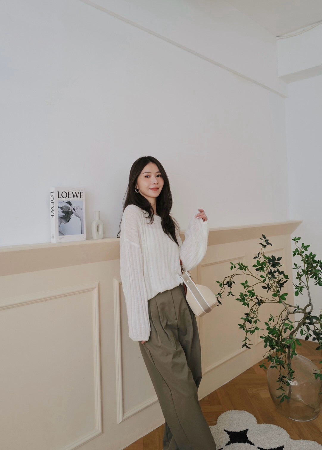斜肩澎袖坑條針織上衣 HI13