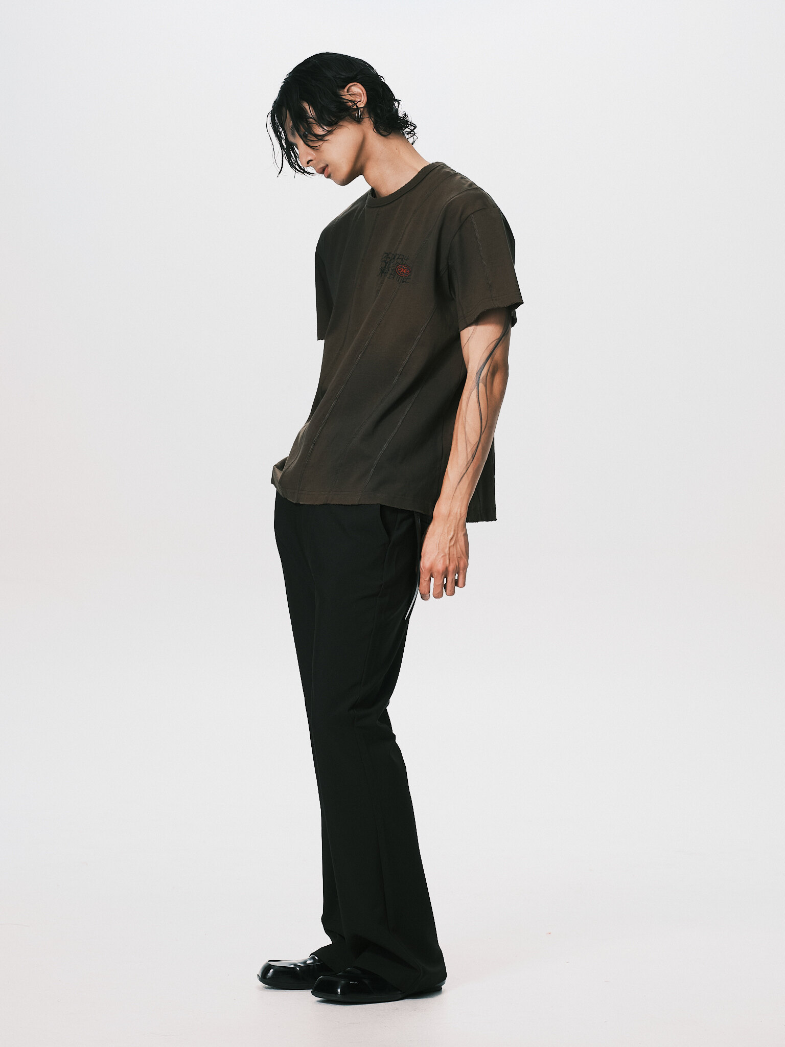 ANOWHEREMAN｜Diagonal Cut Print Tee (Olive)