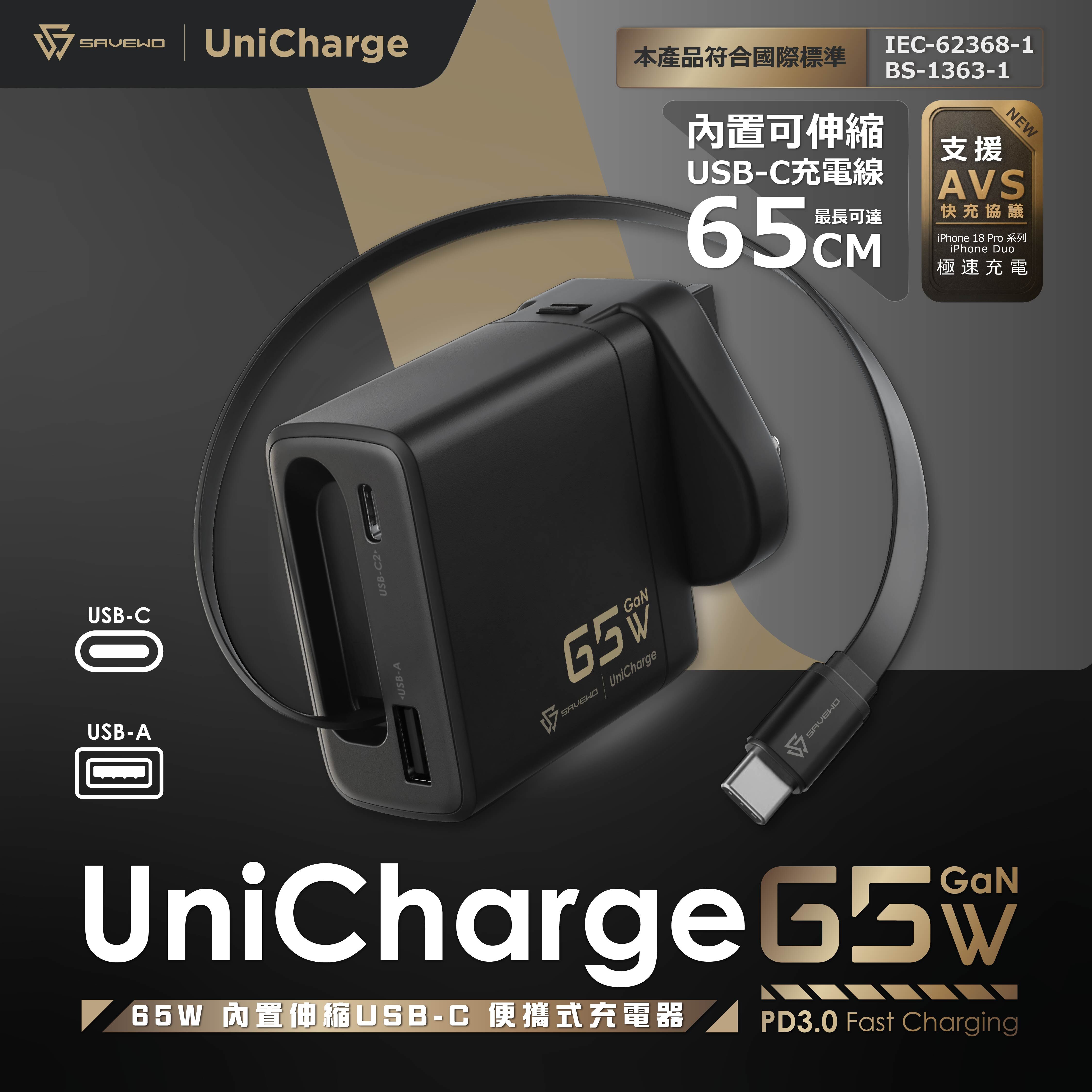 SAVEWO UniCharge UC65 GaN 65W 內置伸縮 USB-C 便攜式充電器