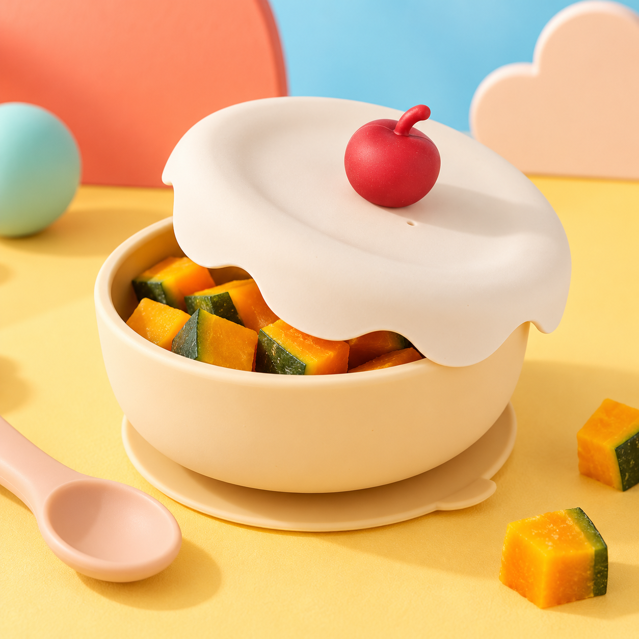 DONO&DONO Cake-Shaped Silicone Suction Bowl with Lid – Yellow | Baby Feeding Bowl