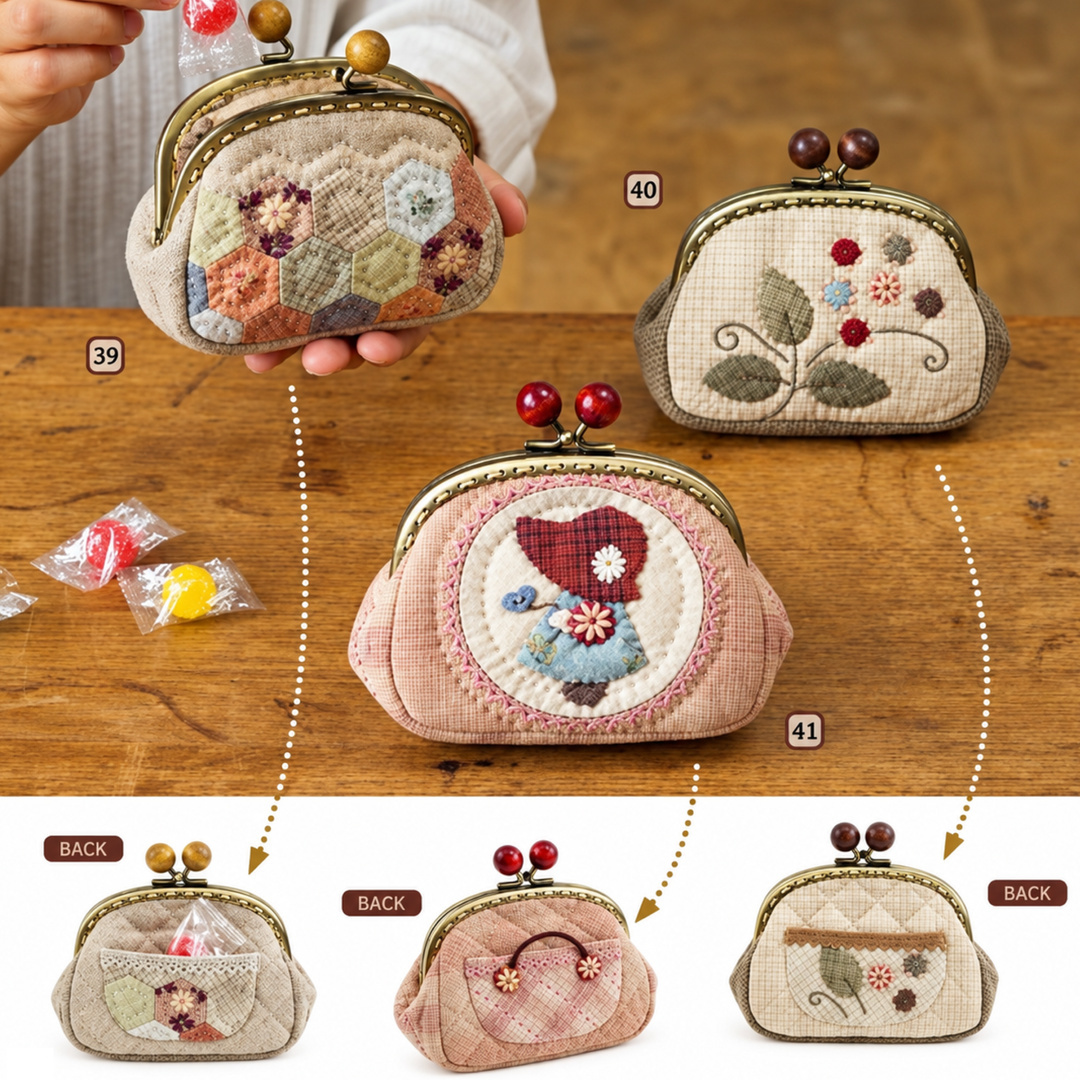 書中三款口金包作品:六角拼布、刺繡花草與人物貼布縫