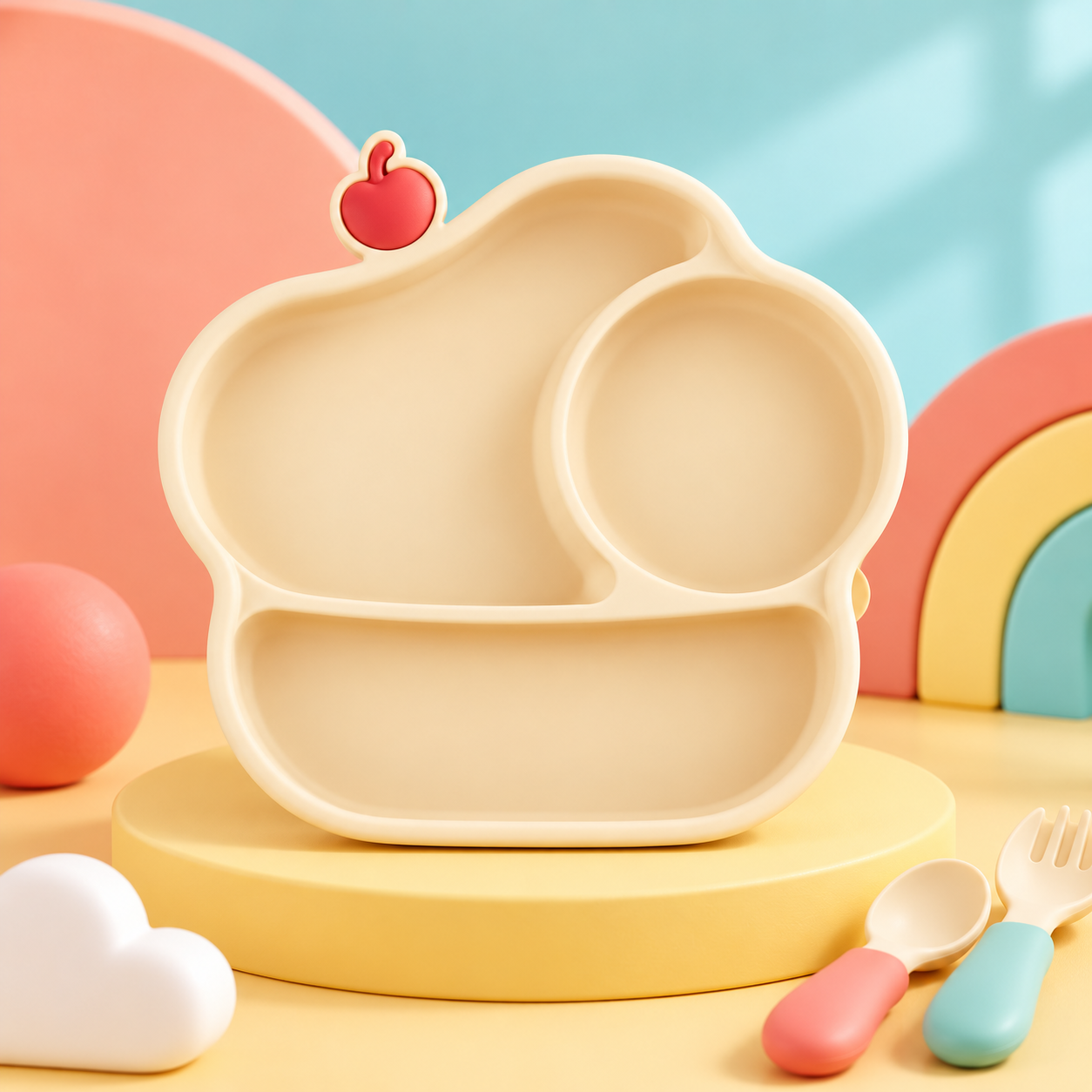 DONO&DONO Cake-Shaped 3-Compartment Silicone Suction Plate – Yellow | Baby Feeding Plate | 6M+