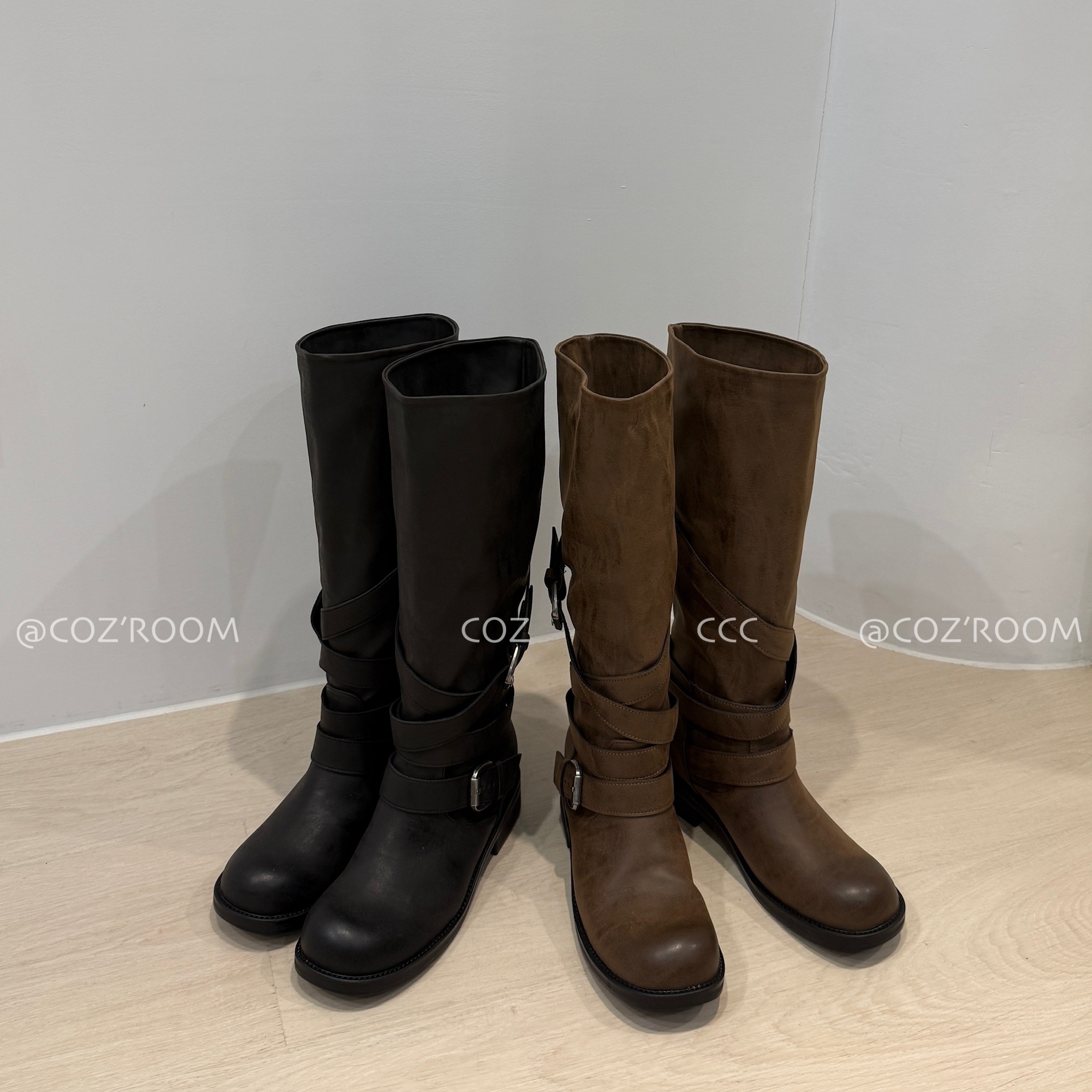 霧皮方圓頭釦環長筒靴 (size:35-42) (2色) _J0869