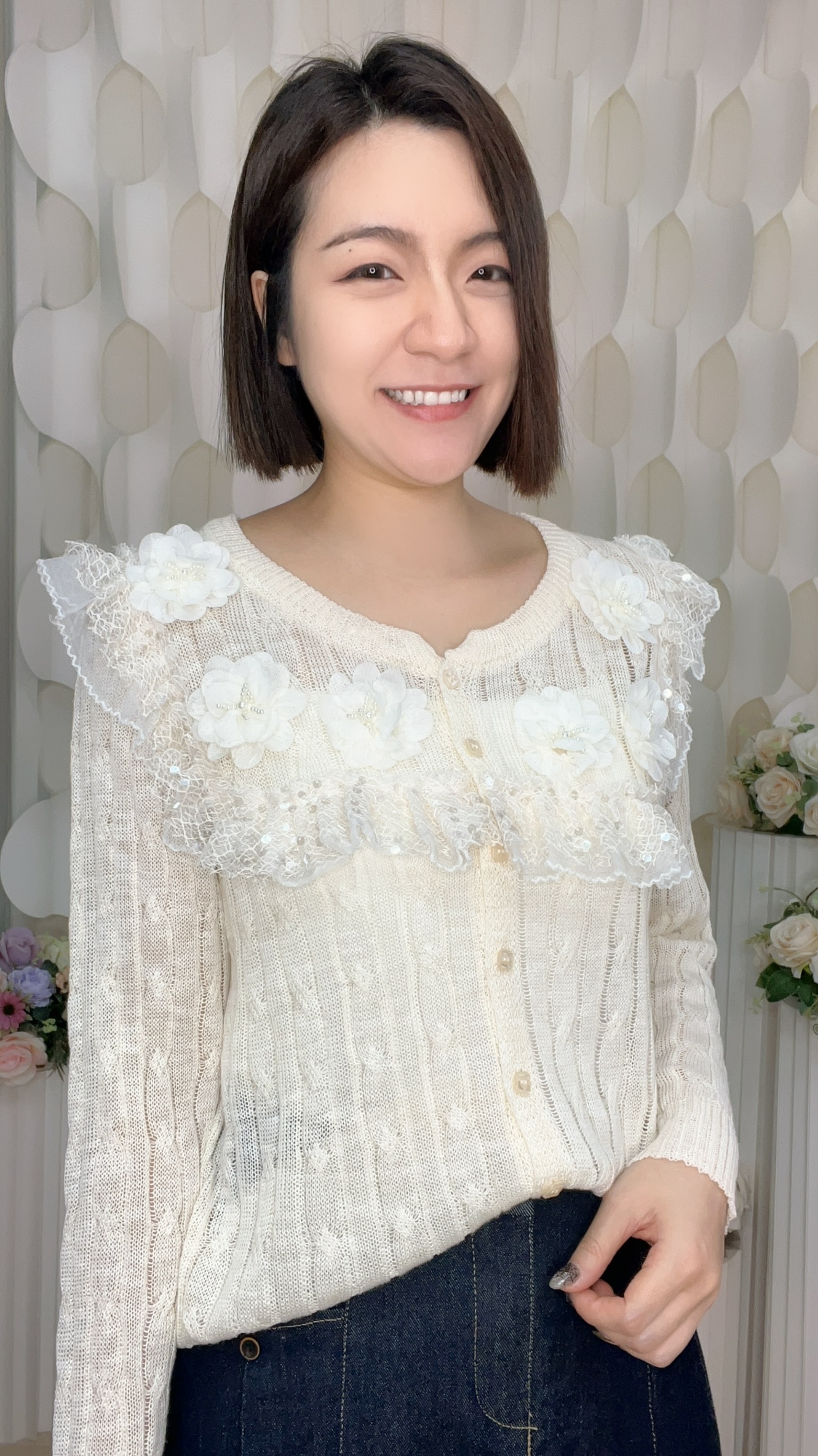 高質立體花蕾絲邊棉線上衣 (胸44-48 腰42-48 長23吋) #26204 #1023clo