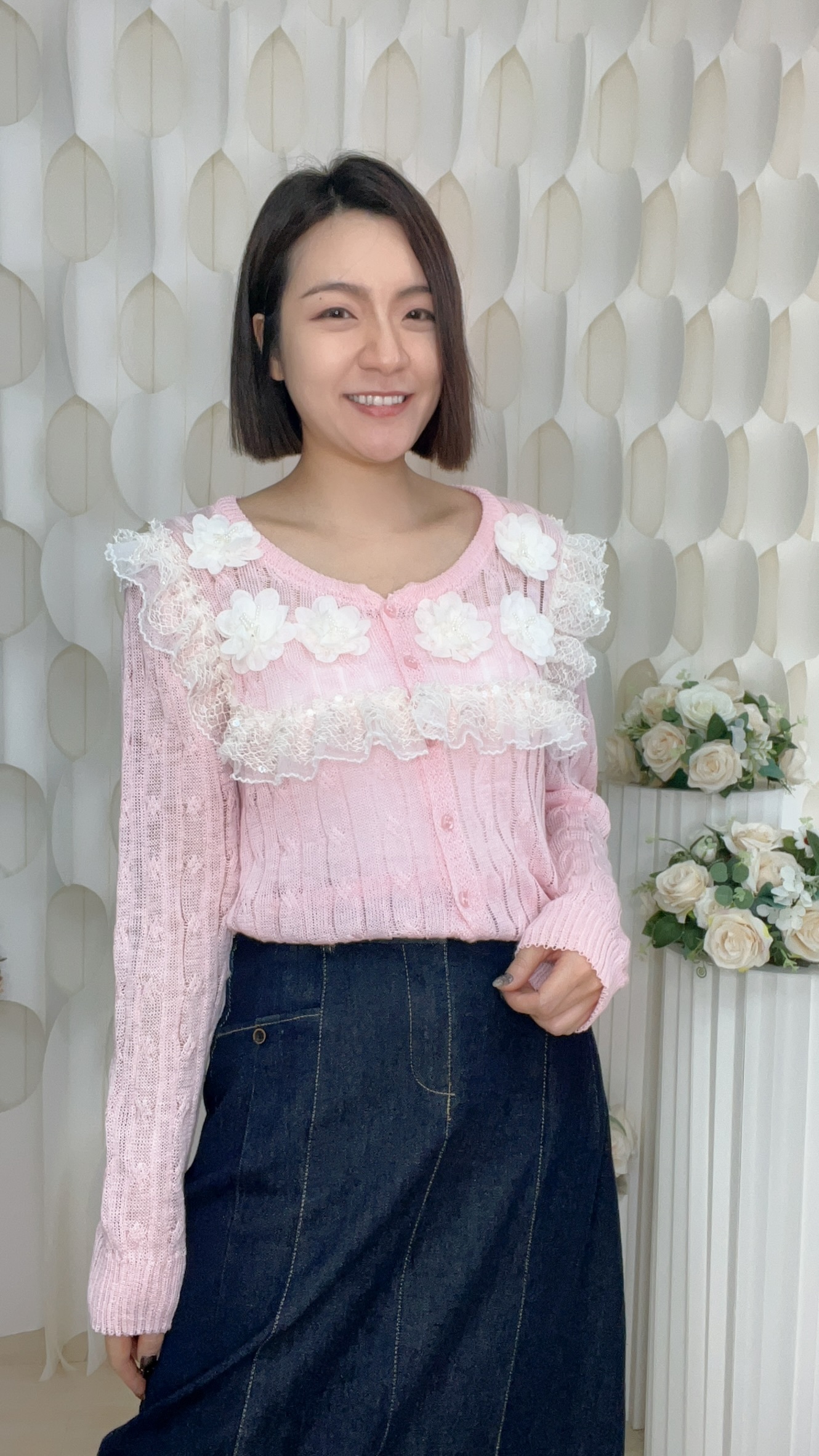 高質立體花蕾絲邊棉線上衣 (胸44-48 腰42-48 長23吋) #26204 #1023clo