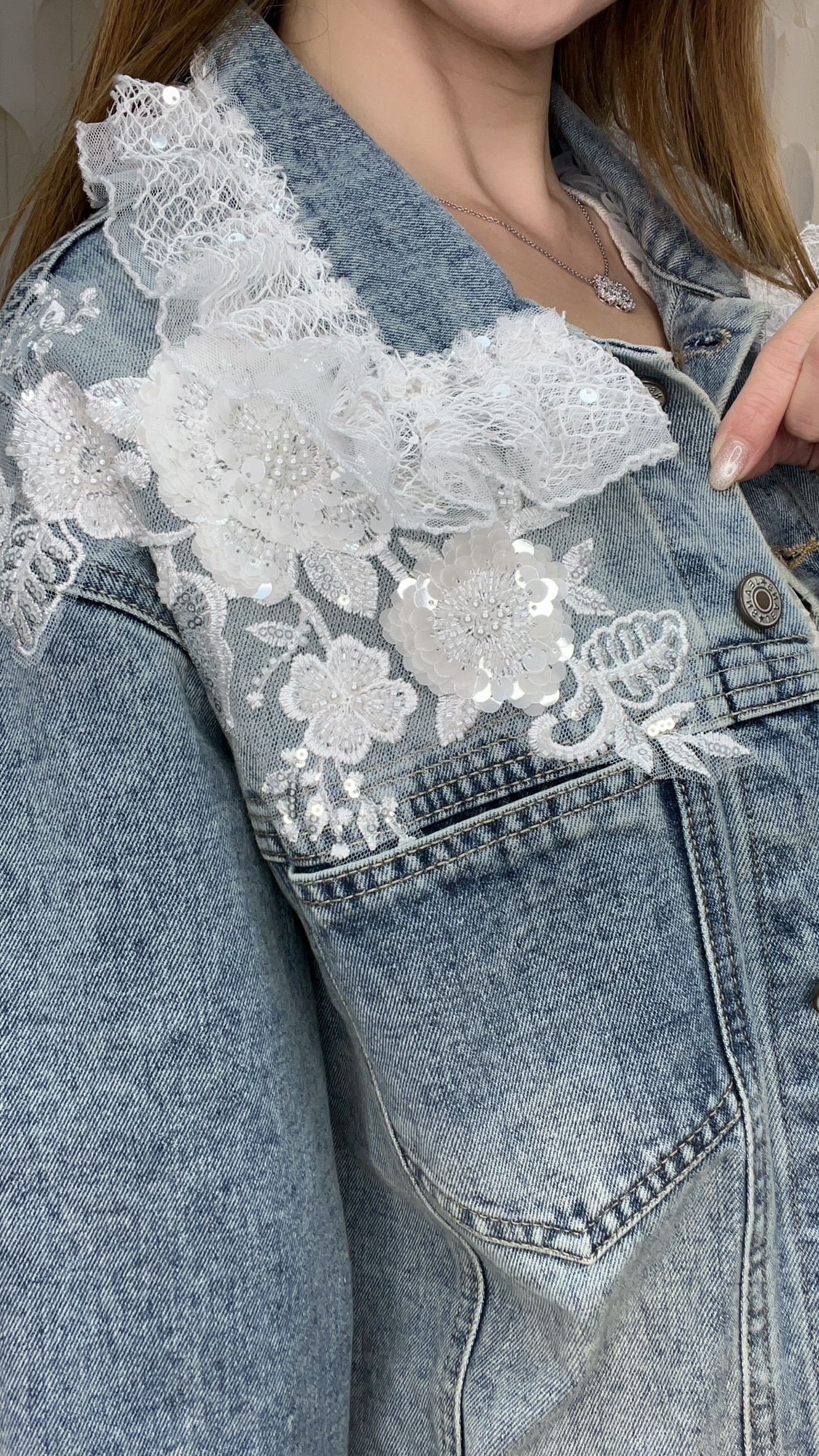高質立體珍珠蕾絲刺繡牛仔外套 (胸42 腰40 長20吋) #LA26177 #1023clo