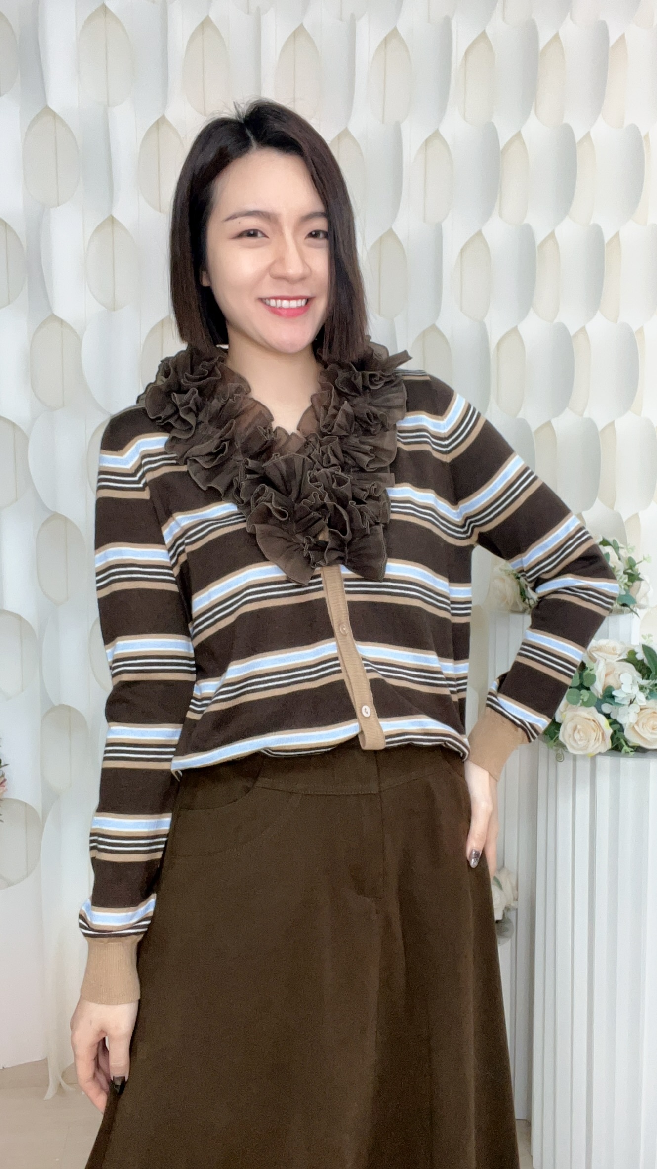 高質啡色立體ruffle邊條子針織上衣外套 (胸38-42 腰38-42 長21吋) #26203 #1023clo