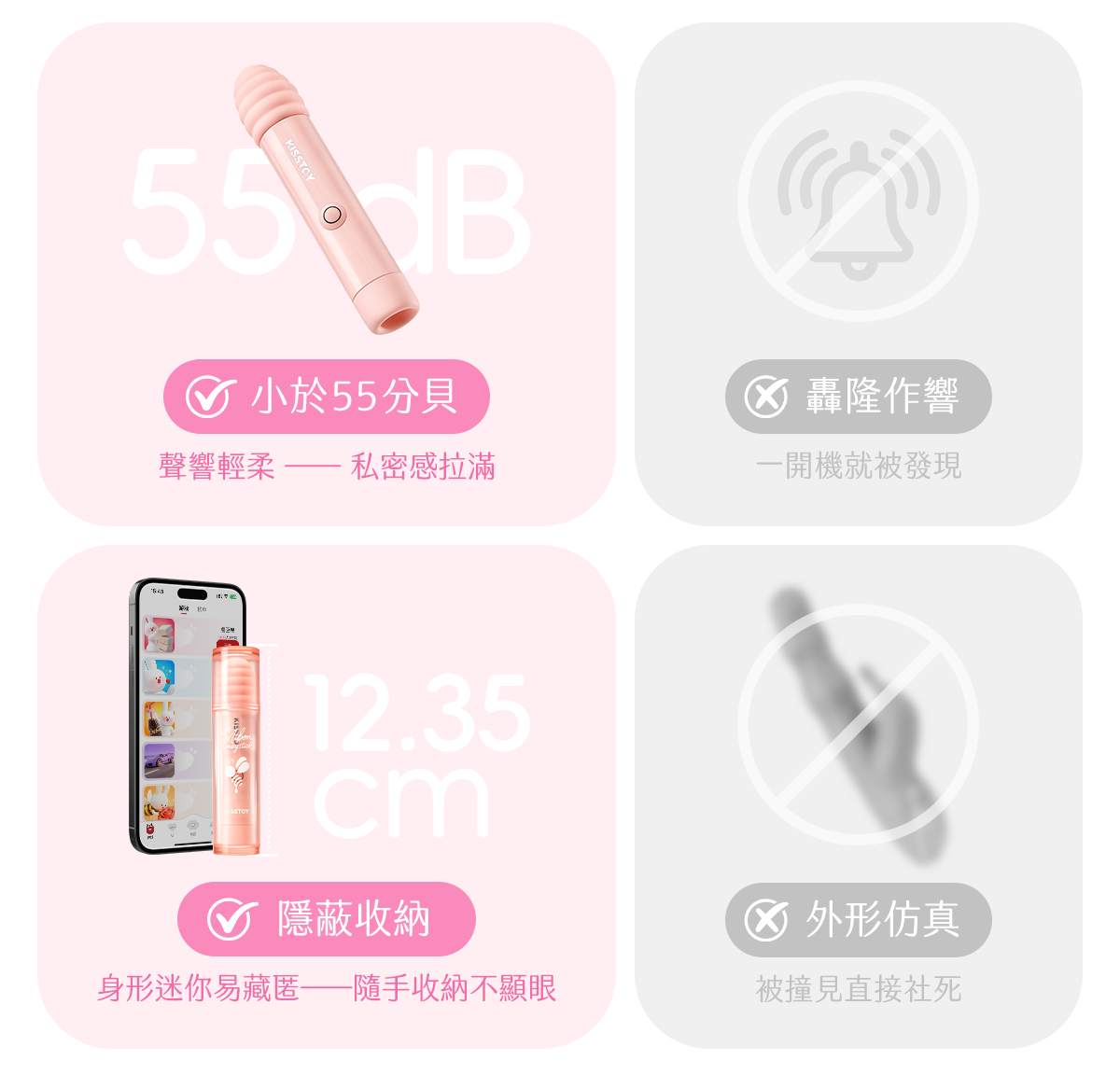 Kisstoy 小蜜棒對比圖，運行聲量低於 55 分貝、連蓋長 12.35cm 便於藏匿，比仿真外形玩具更適合重視私隱的新手。