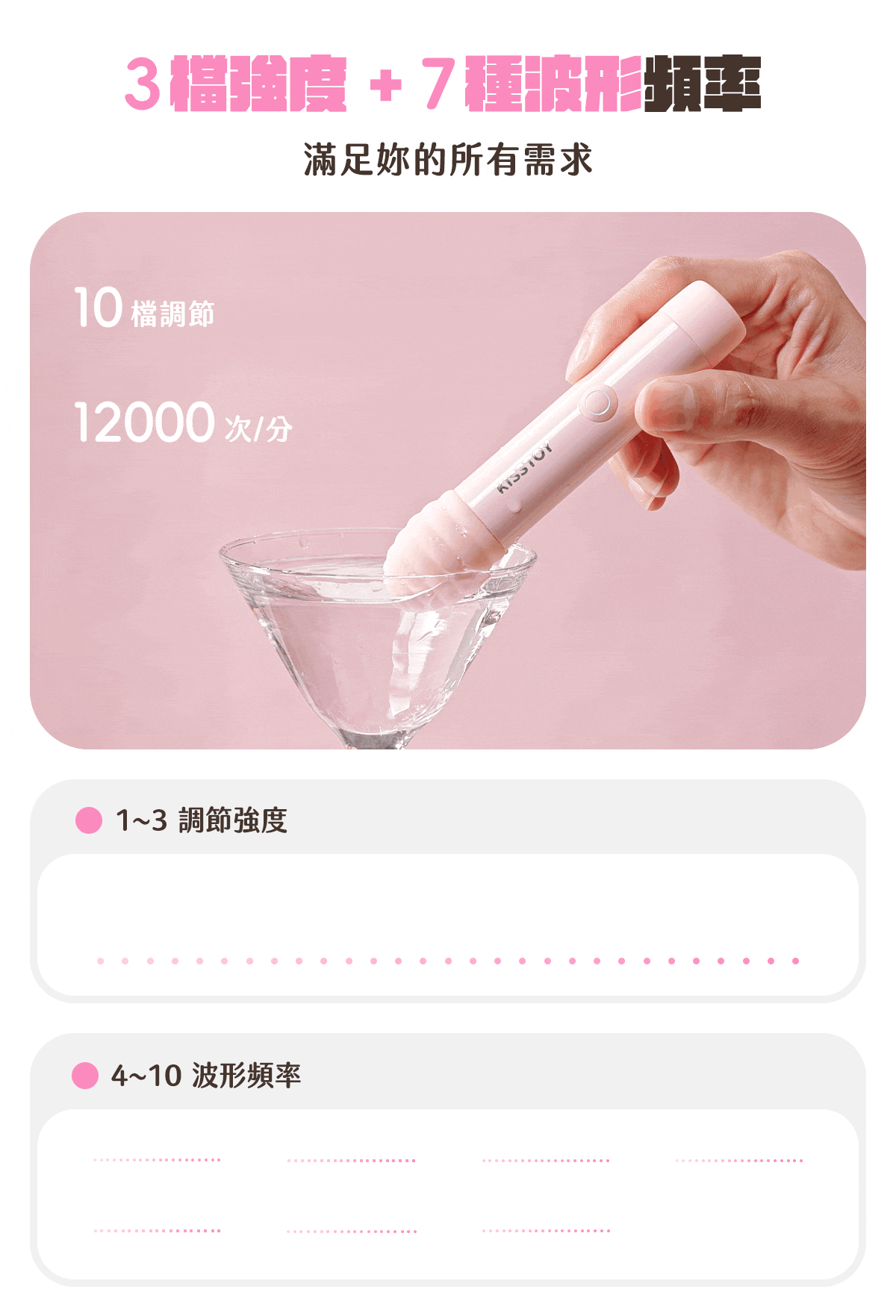 Kisstoy 小蜜棒震動頭浸入透明馬天尼杯激起水紋，示範每分鐘 12000 次震頻，3 檔強度加 7 種波形一目了然。