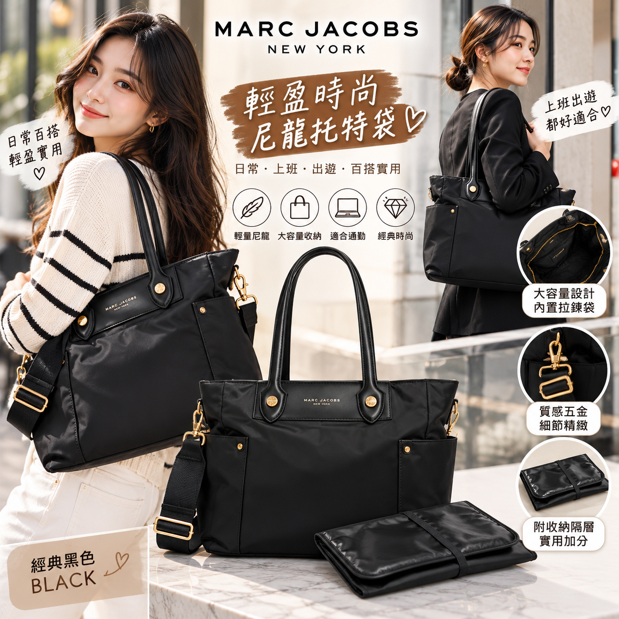 【直播】Marc Jacobs LX102214 Preppy Nylon 托特包 (黑色)