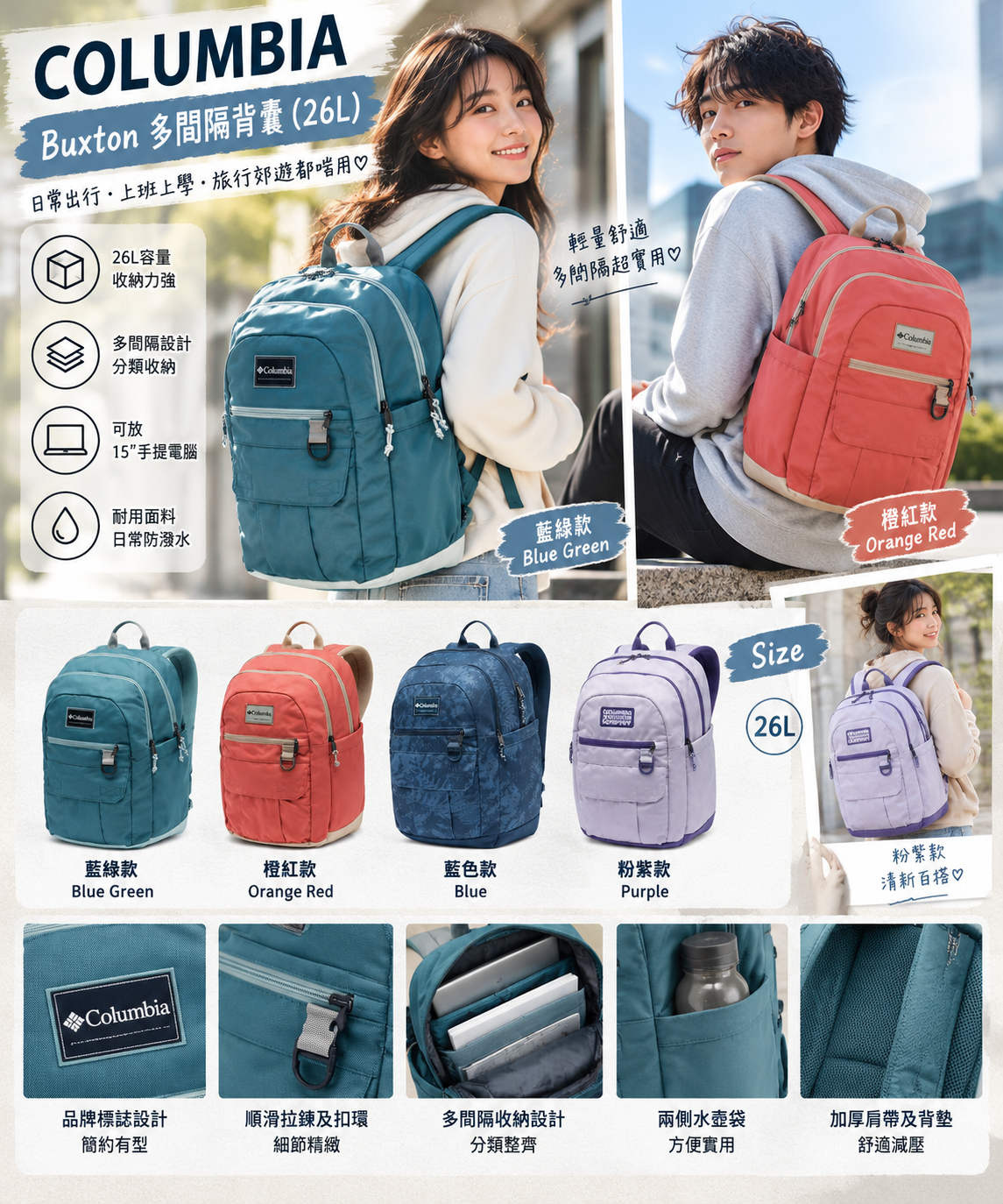 【預購】COLUMBIA N102450 Buxton 多間隔背囊 (26L)