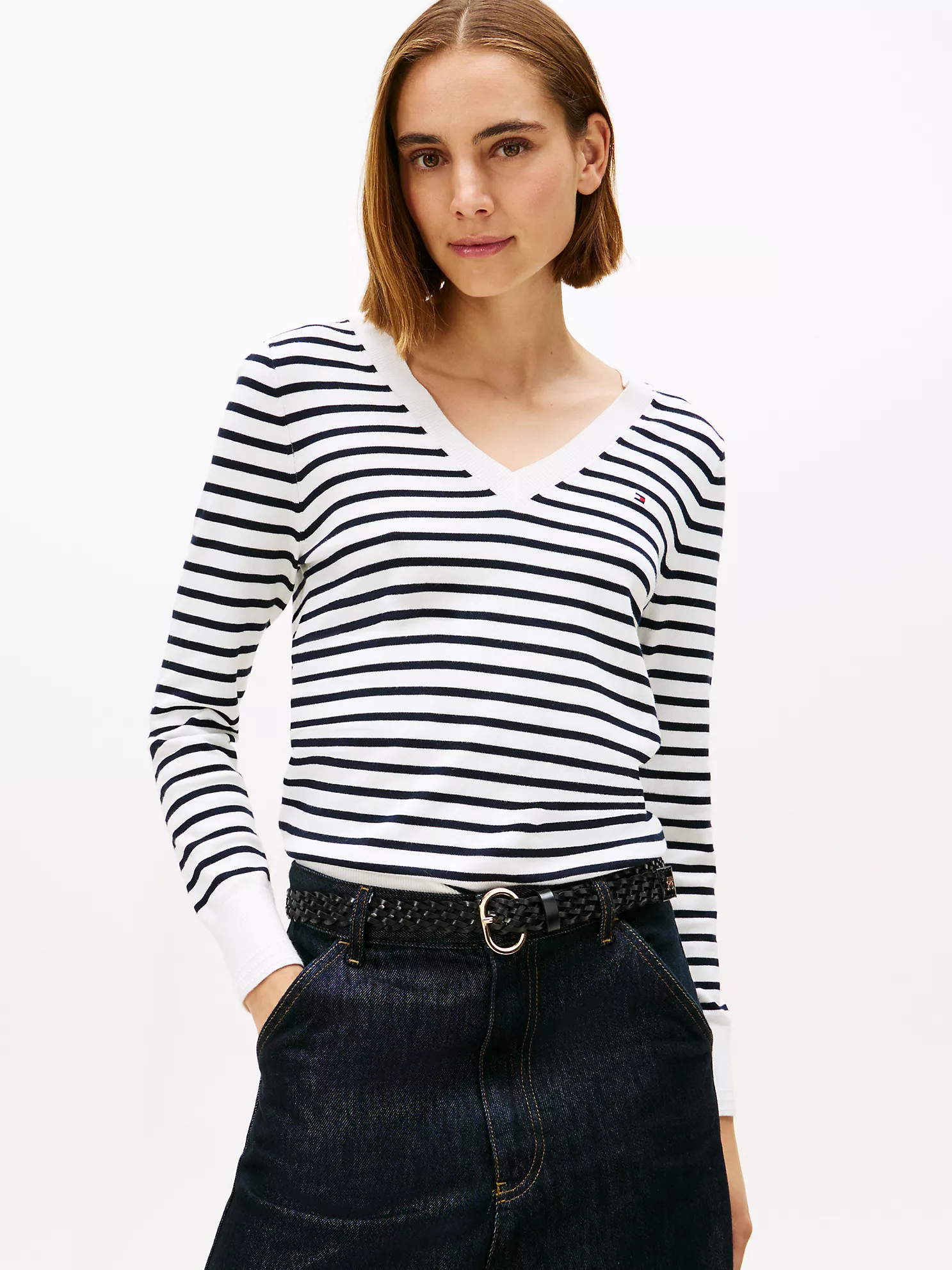 【預購】Tommy Hilfiger N102416 女裝V領長袖條紋上衣 (黑白條紋)