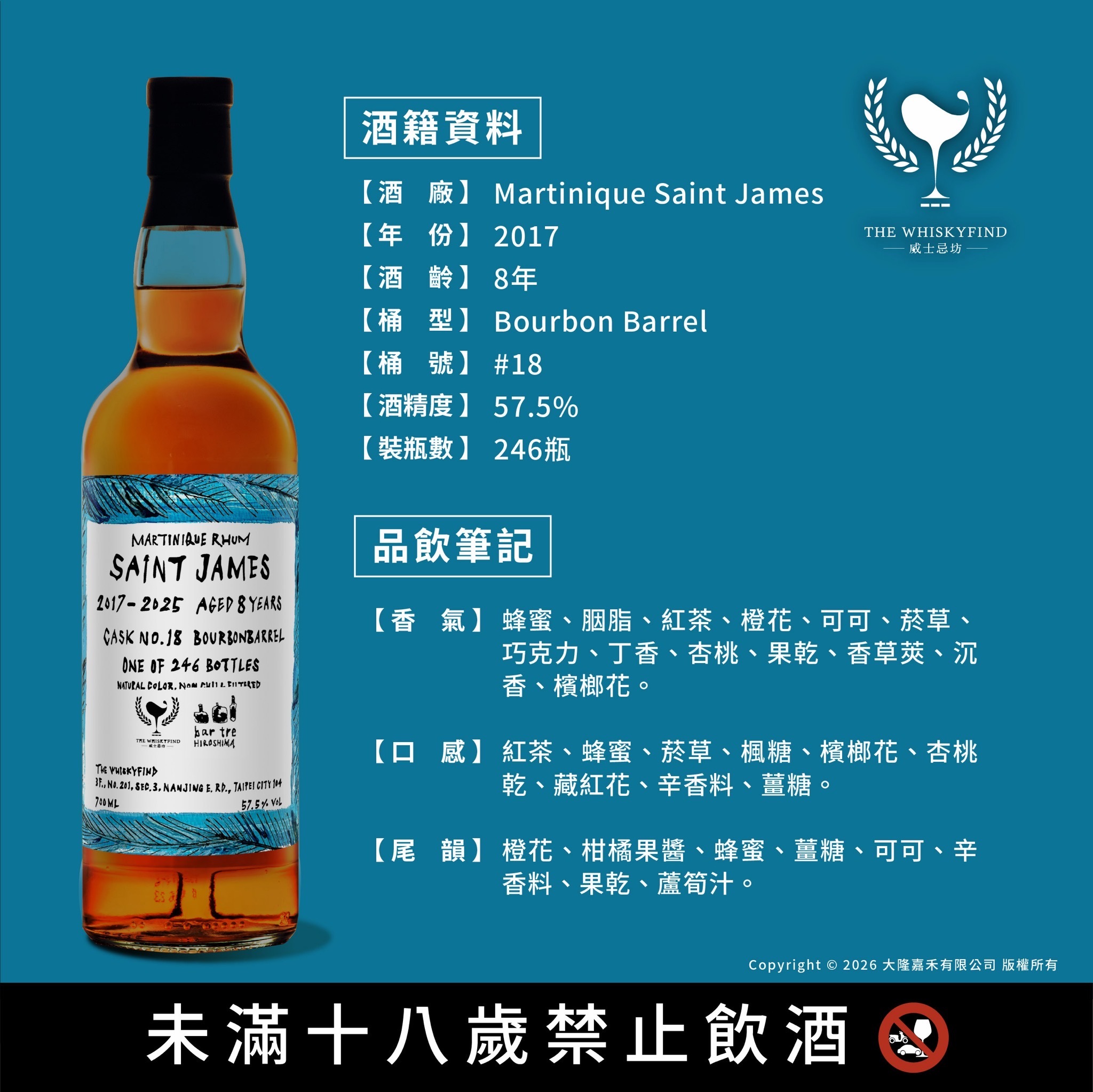 Martinique Saint James 2017/2025 8YO #18 57.5% The Whiskyfind《Bar Talk - Bar Tre》預計11月初到貨