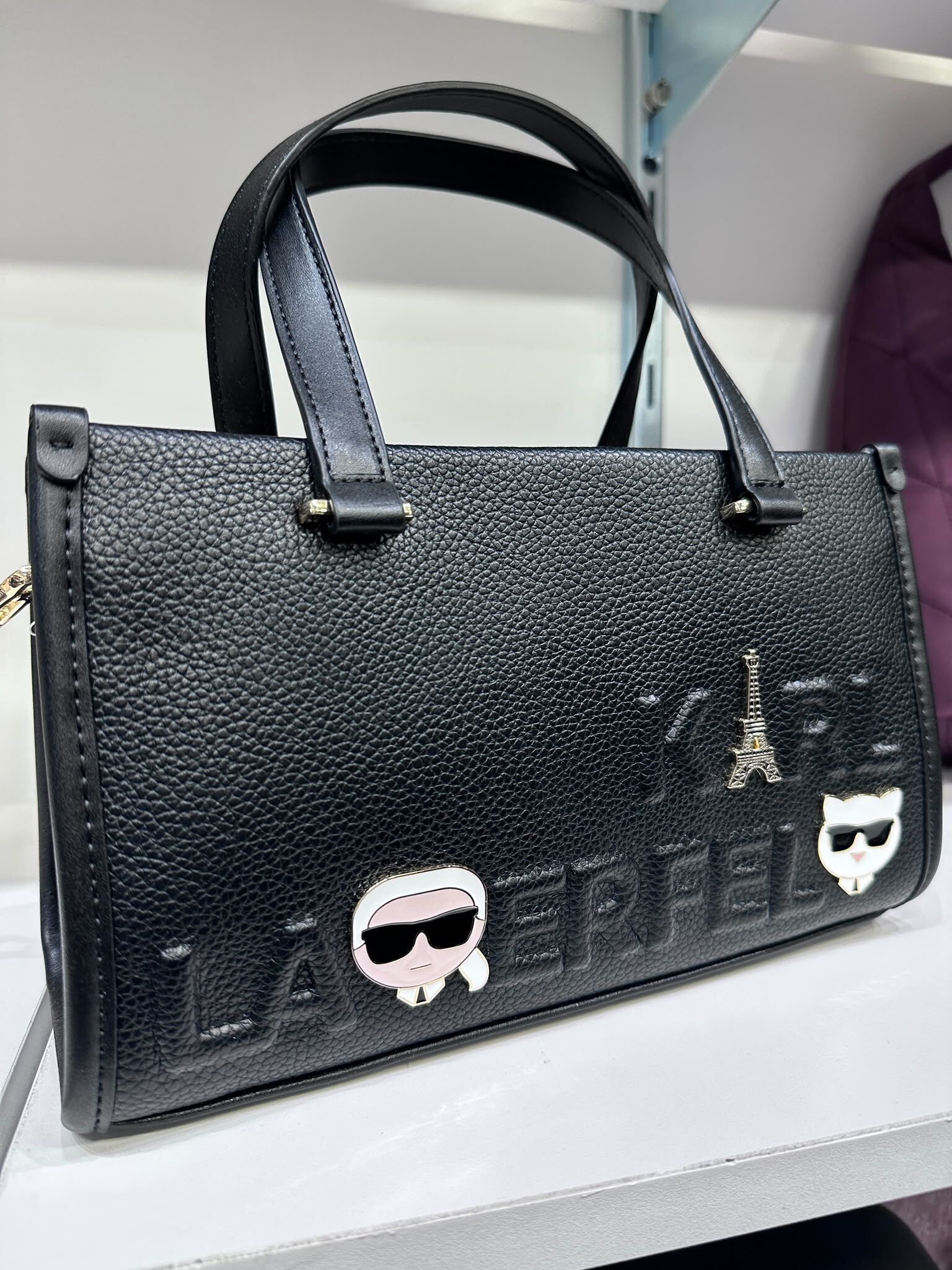 WX75 KL 黑色手挽斜背包 老佛爺貓貓巴黎鐵塔 圖案 Zyla Satchel Bag