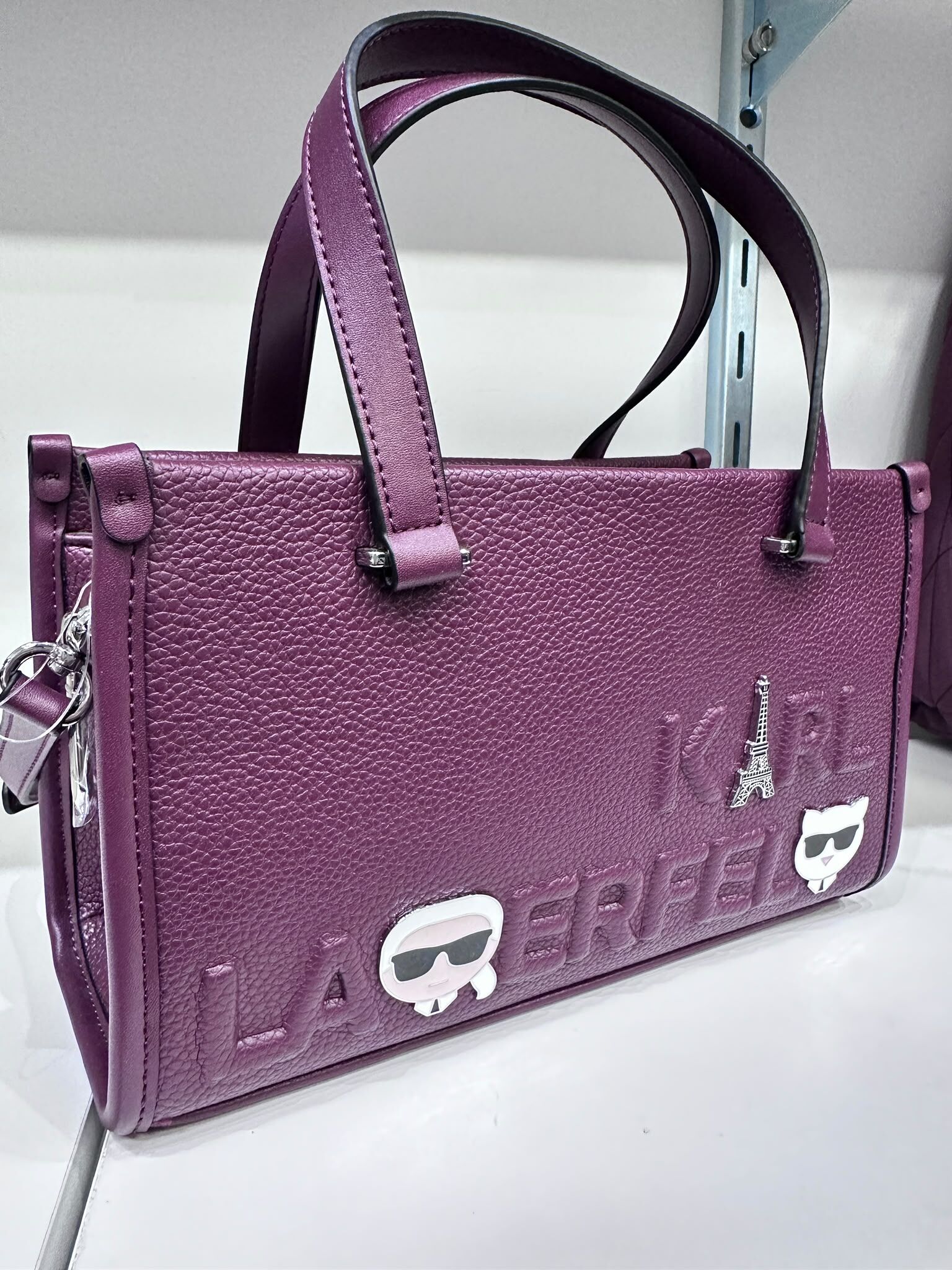 WX76 KL 酒紅色手挽斜背包 老佛爺貓貓巴黎鐵塔 圖案 Zyla Satchel Bag