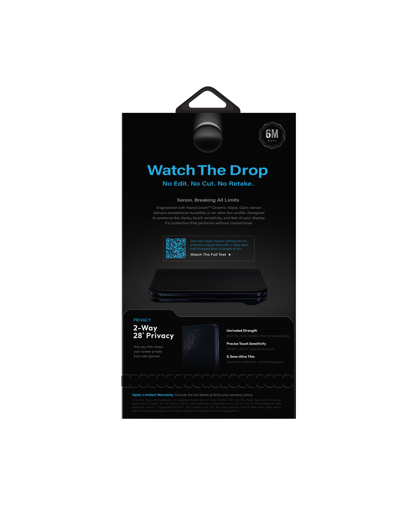 UNIQ-OPTIX Xenon Privacy NanoCream™ iPhone 18 Duo 陶瓷抗破碎防窺玻璃螢幕保護貼