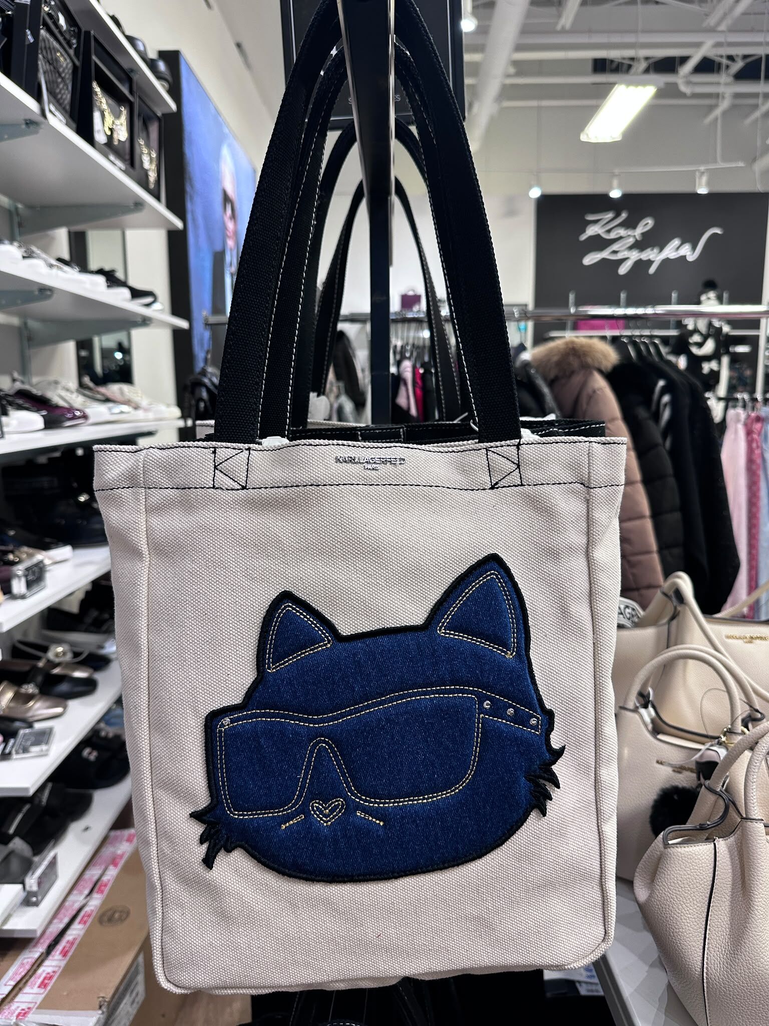 WX79 KL 牛仔布貓貓圖案 白色帆布Tote袋 Cannes Denim Choupette Canvas Tote