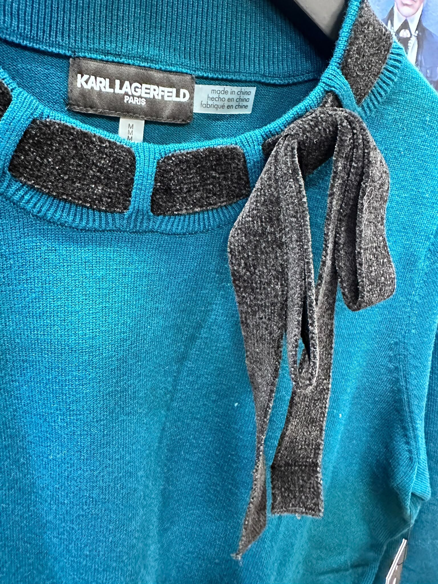 WX25 KL 黑色綁帶蝴蝶結 藍綠色針織衫  Velvet Tie Neck Detail Sweater