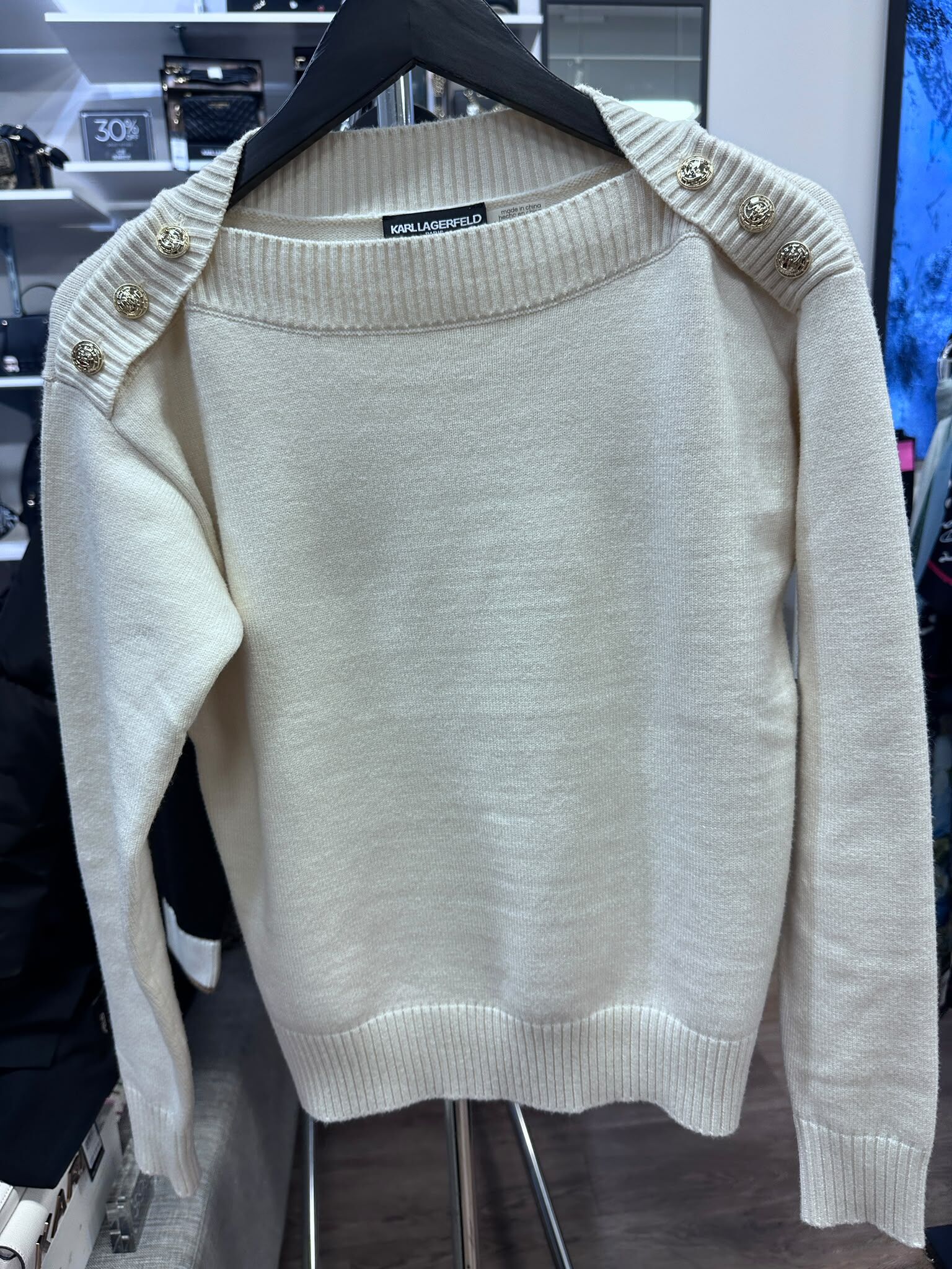 WX28 KL 米白色一字領針織衫 Long Sleeve Boat Neck Button Detail Sweater