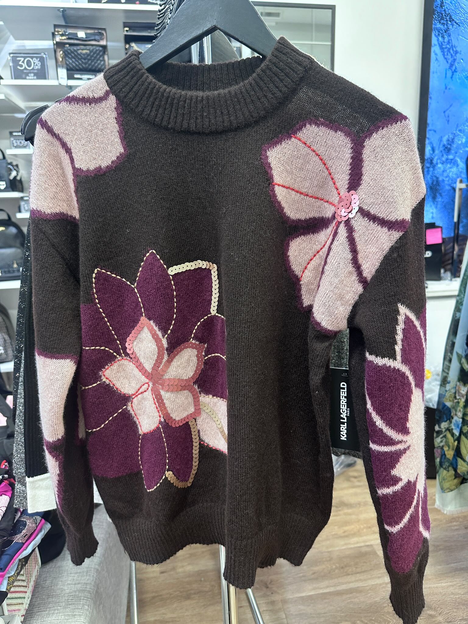 WX35 KL 酒紅色花花圖案 啡色針織衫 Big Flowers Floral-Print Sequin Embellished Sweater