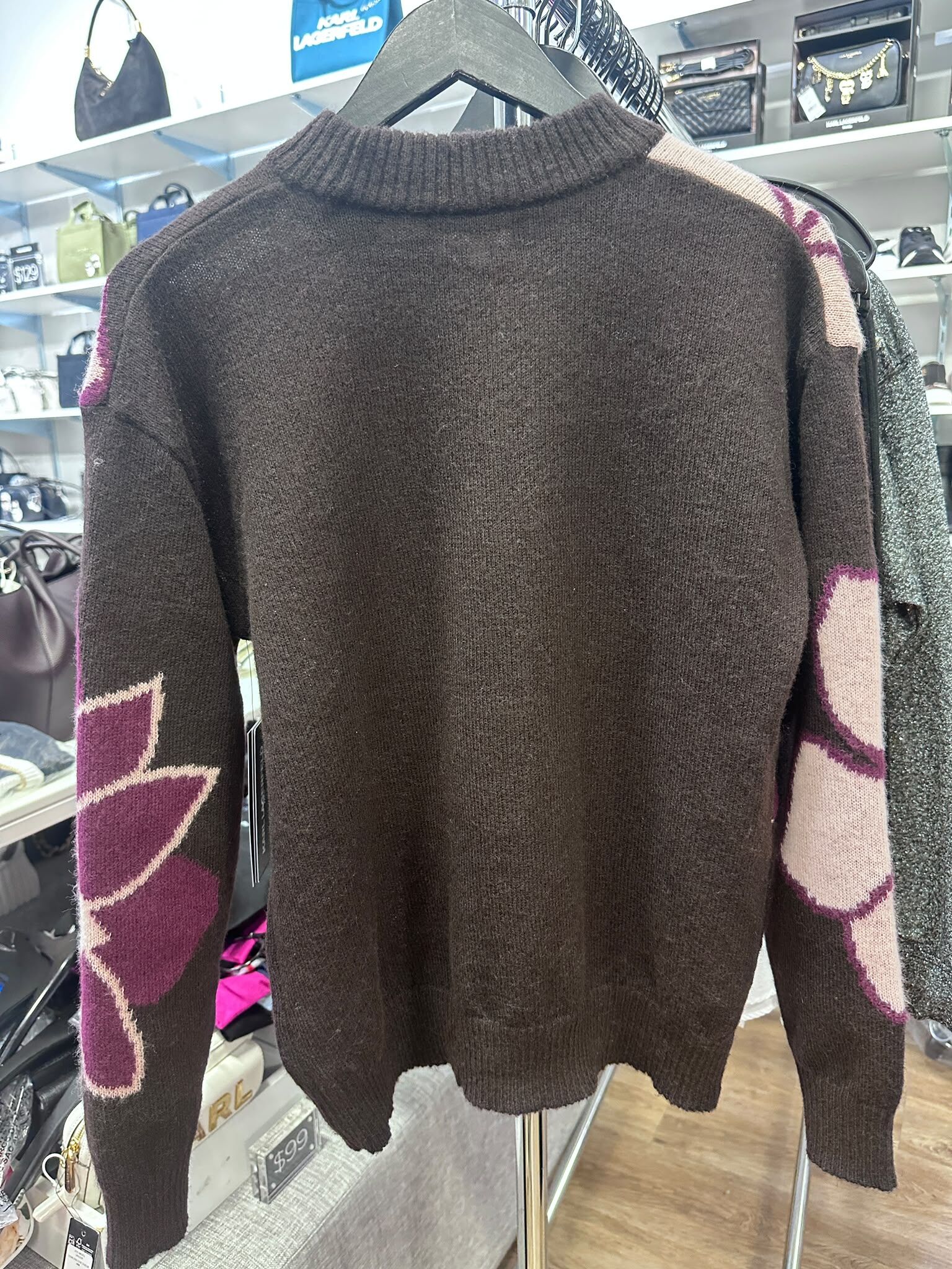WX35 KL 酒紅色花花圖案 啡色針織衫 Big Flowers Floral-Print Sequin Embellished Sweater