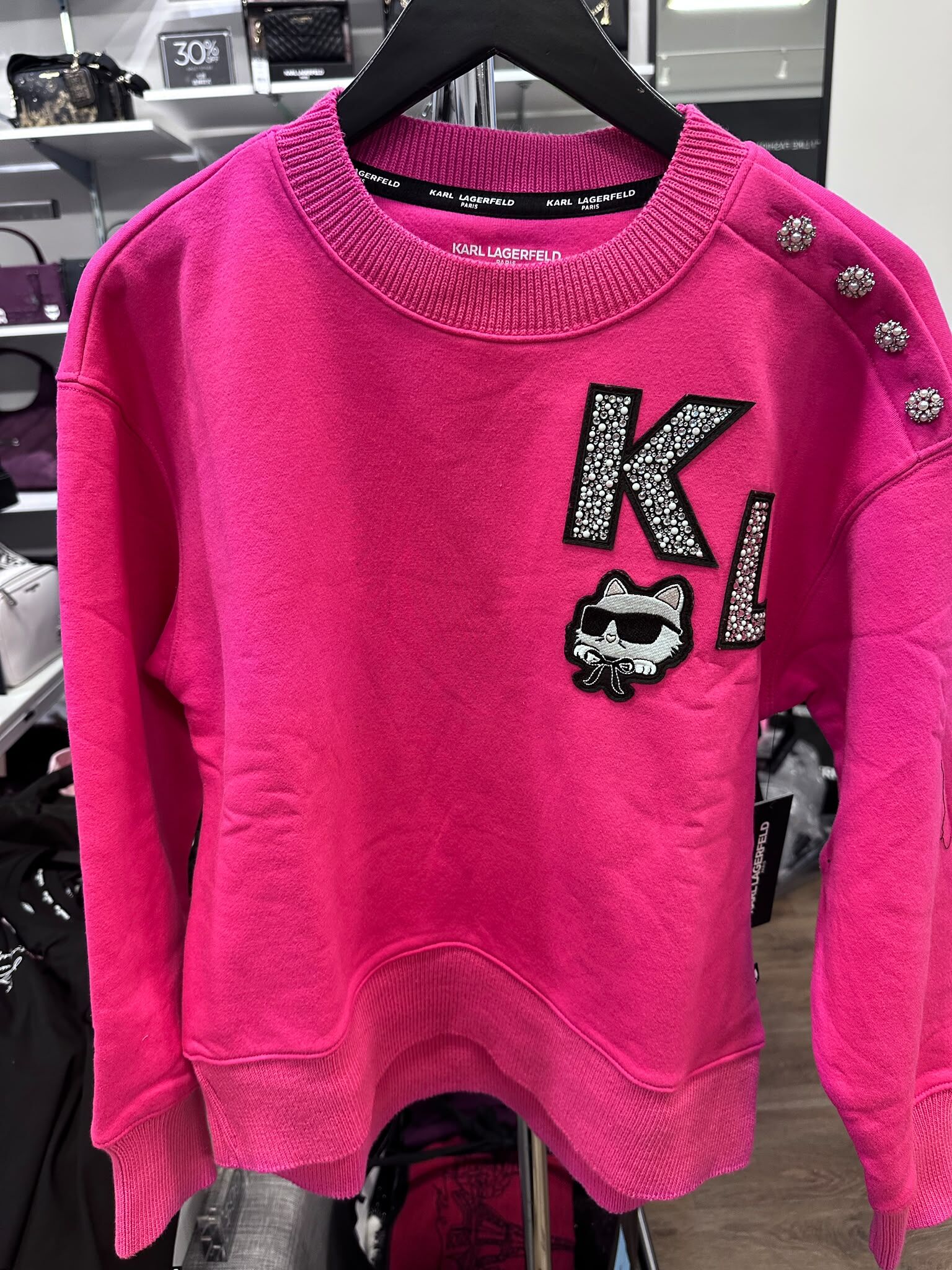 WX50 KL 閃閃logo貓貓圖案 桃紅色長袖衛衣 Choupette Patch Sweatshirt