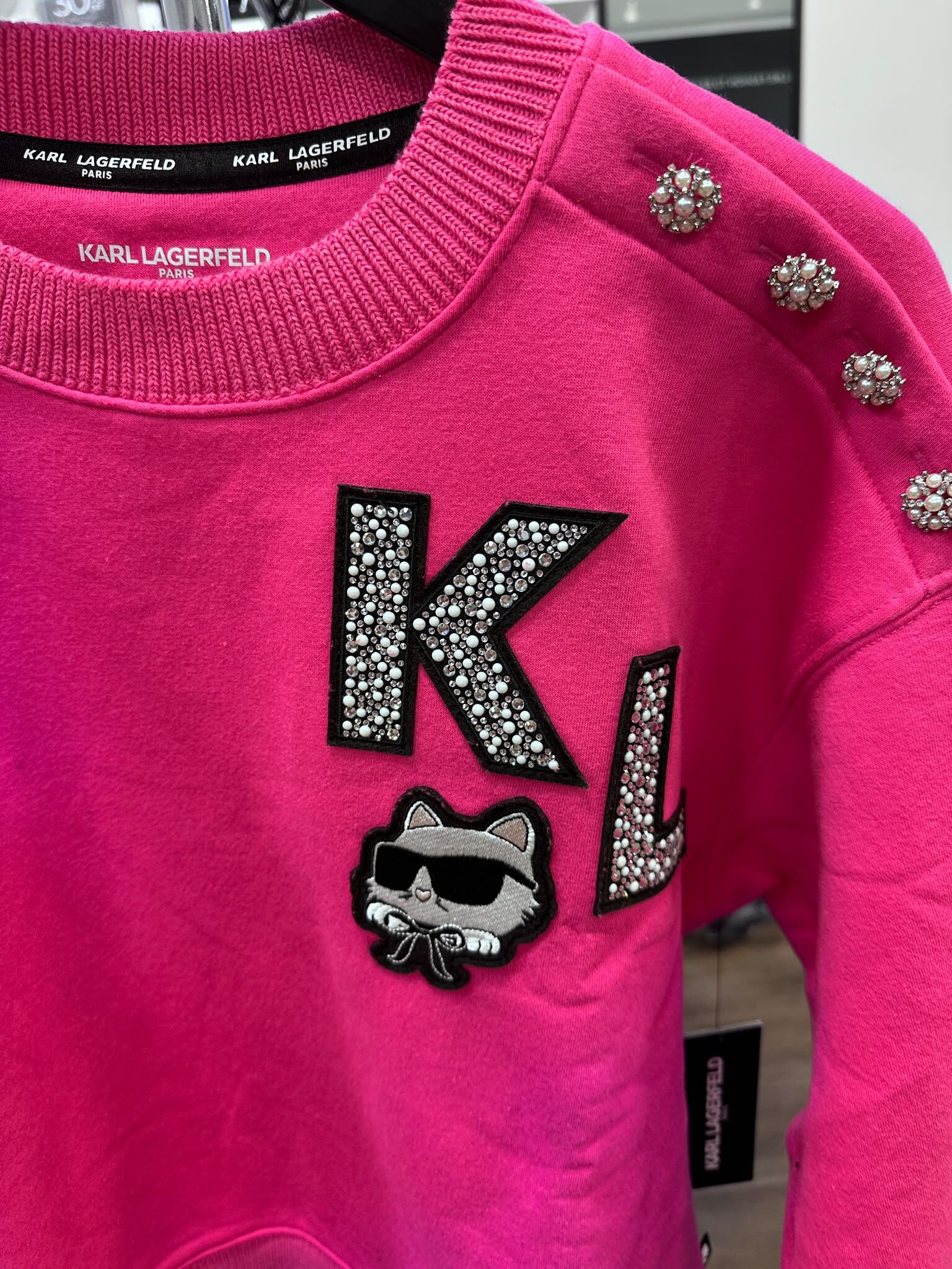 WX50 KL 閃閃logo貓貓圖案 桃紅色長袖衛衣 Choupette Patch Sweatshirt