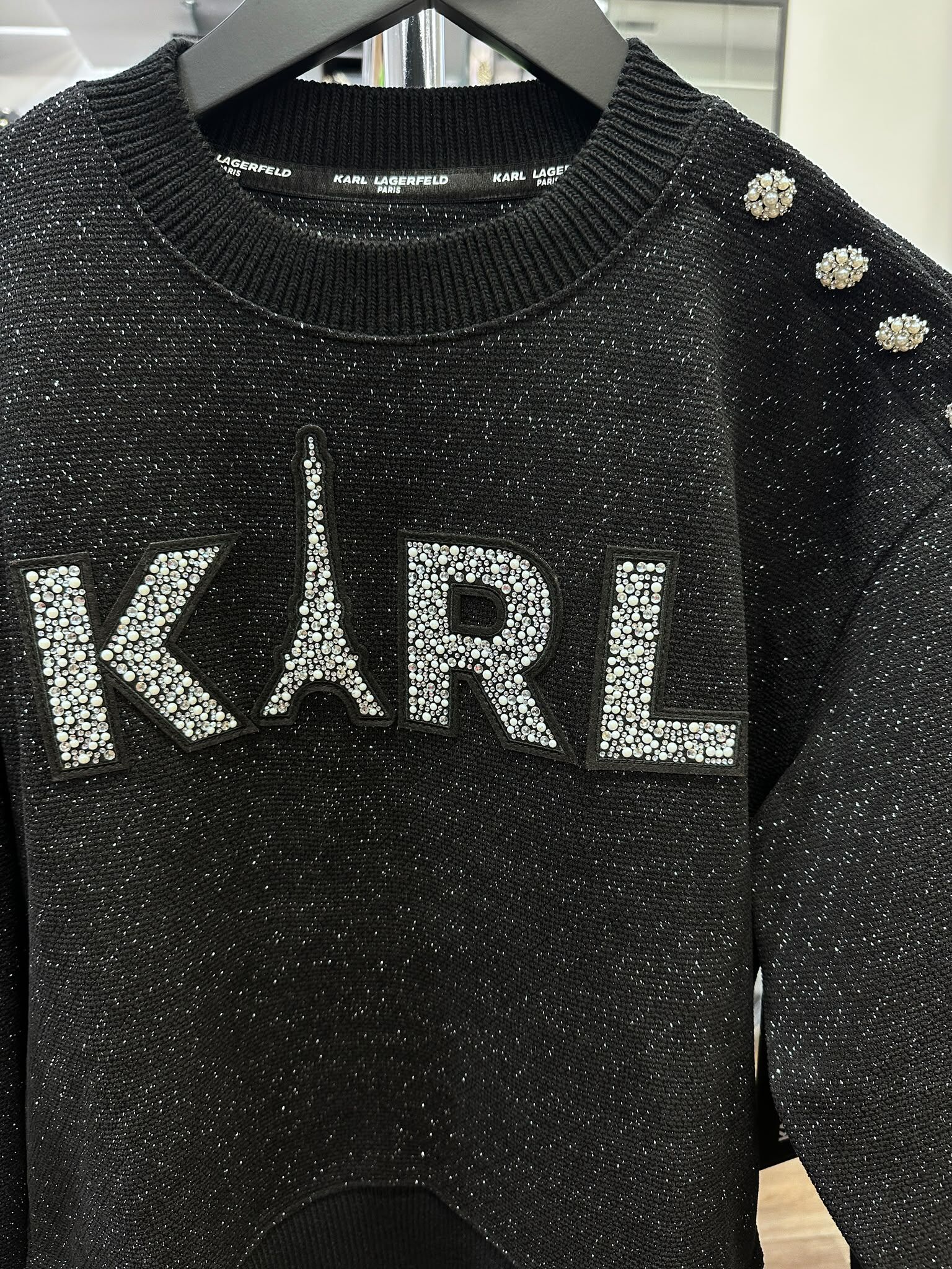 WX52 KL 閃閃logo巴黎鐵塔圖案 黑色長袖薄衛衣 Karl Logo Sweatshirt With Buttons
